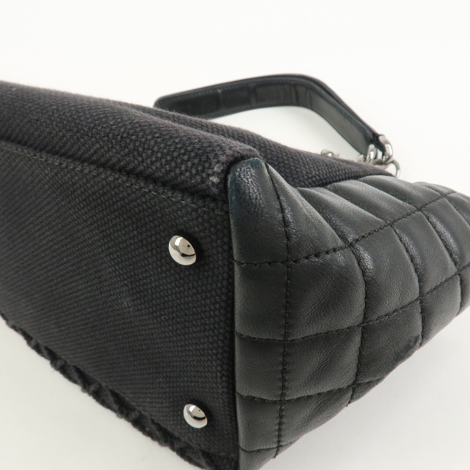 CHANEL Chocolate Bar Lamb Skin Canvas Shoulder Bag Hand Bag Black