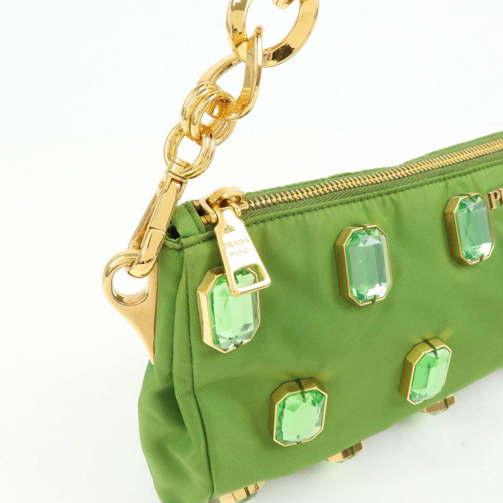 PRADA Bijou Nylon Stone Chain Shoulder Bag Clutch Bag Green