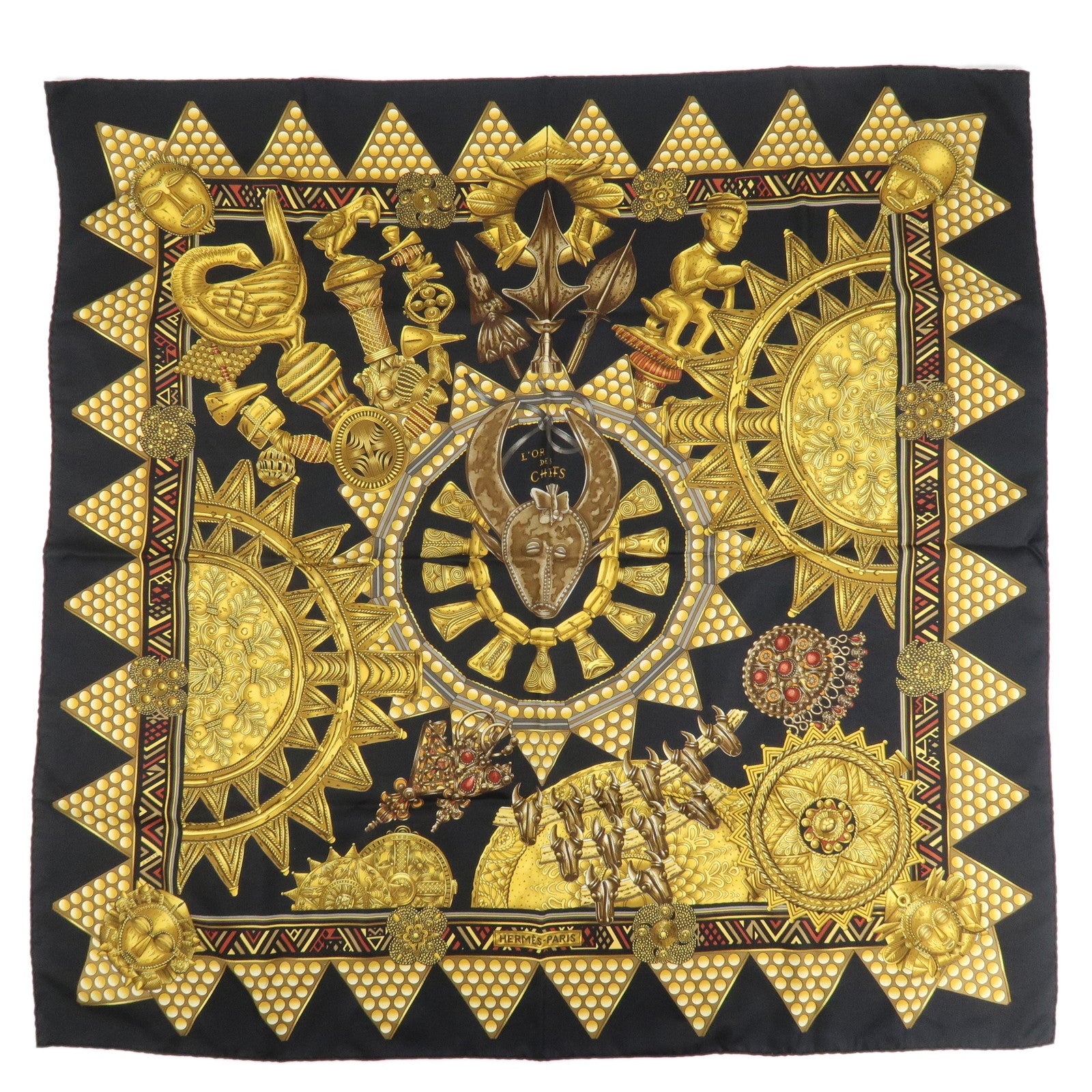 HERMES Carre 90 Silk 100% Scarf L'OR DES CHEFS Black Yellow Used