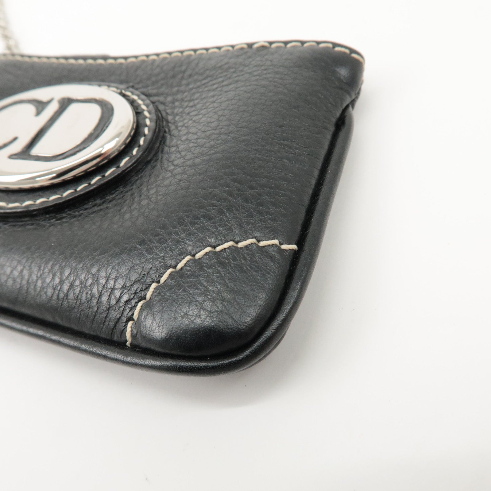 Christian Dior CD Logo Leather Coin Case Key Case Silver HDW Black Used