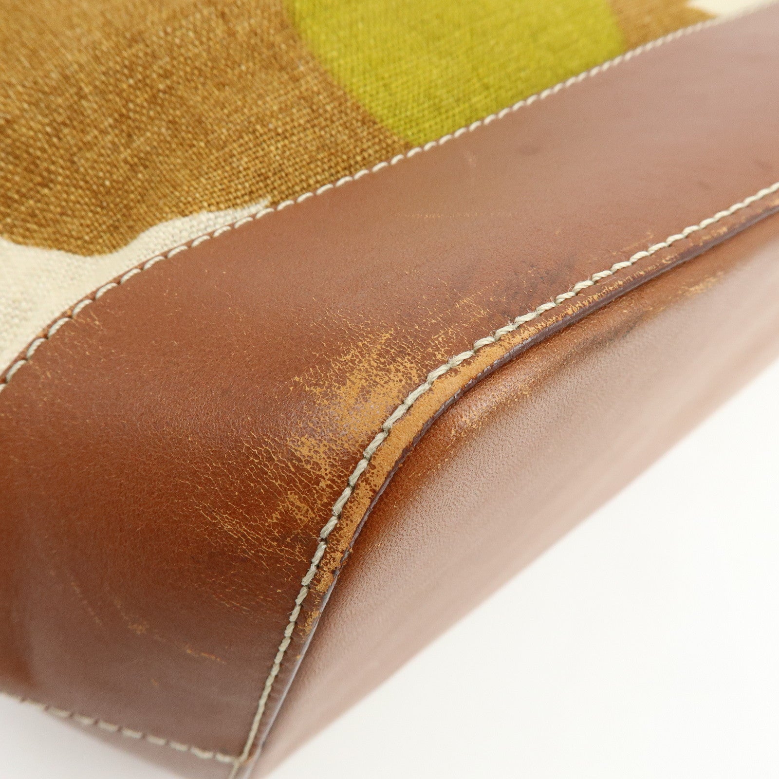 CELINE Flower Canvas Leather Tote Bag Shoulder Bag Brown Natural