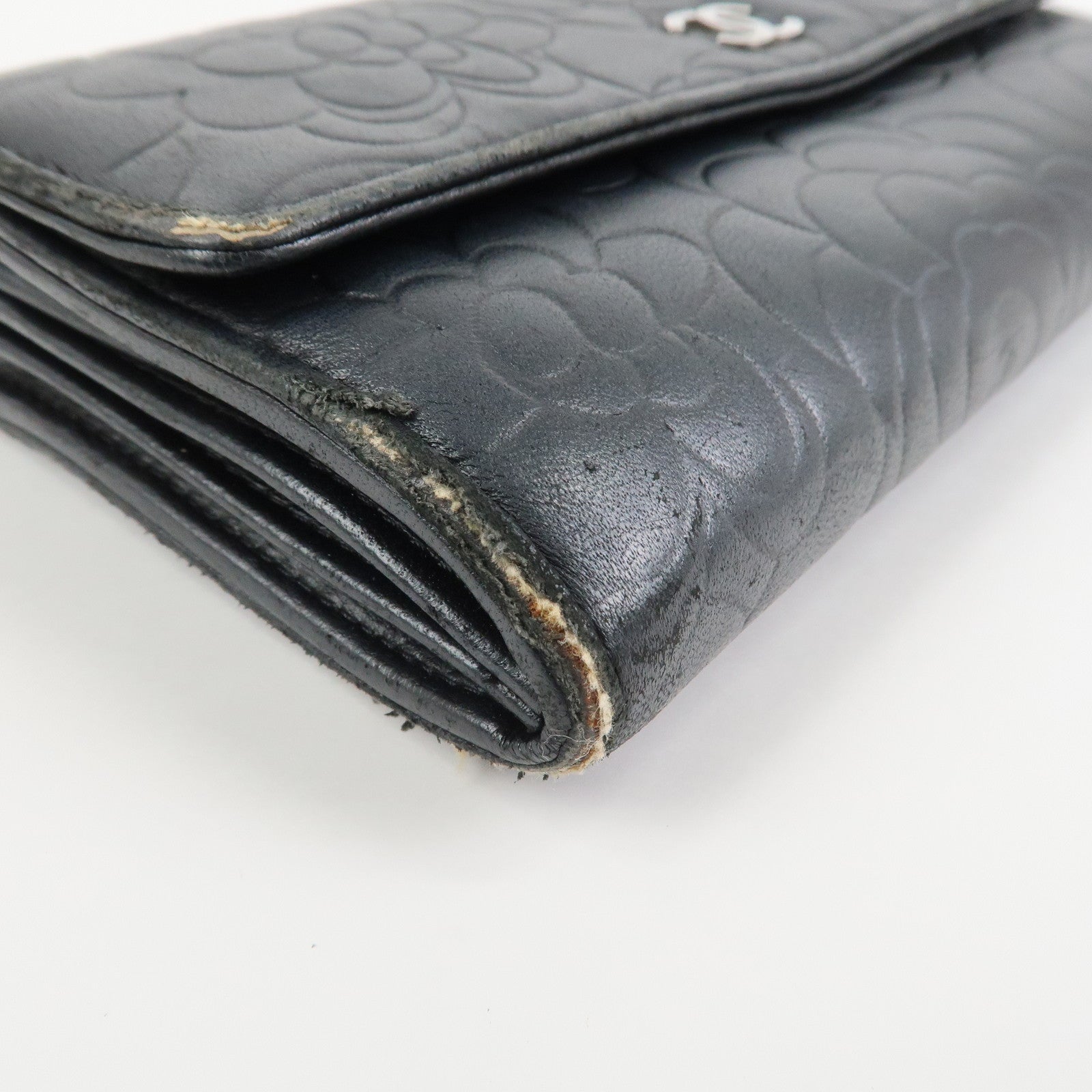 CHANEL Camellia Lambskin Long Wallet Black Silver