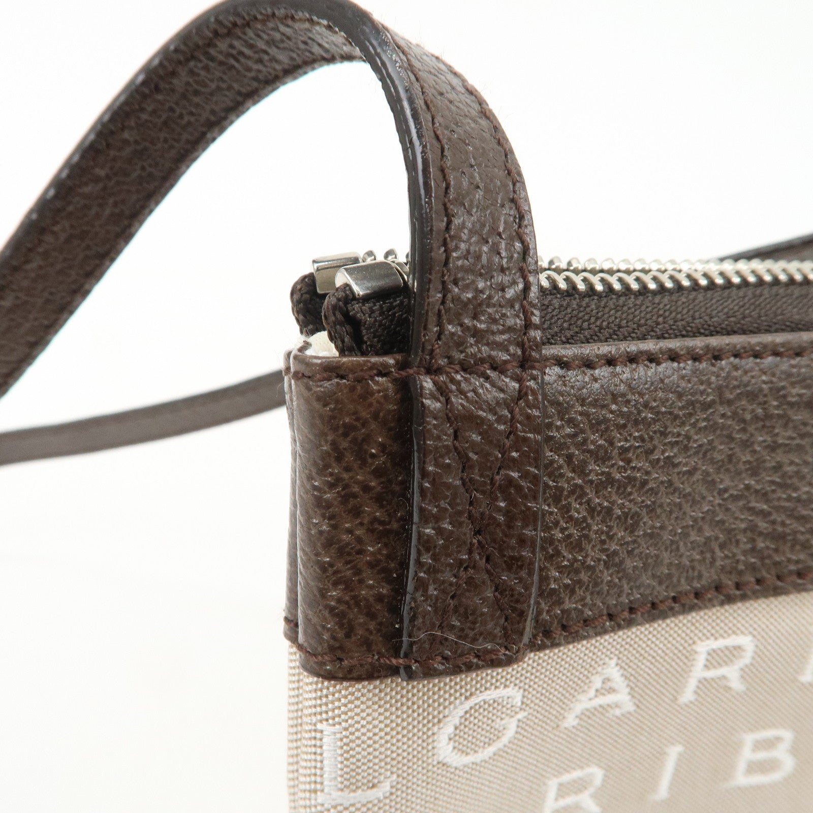 BVLGARI Logo Mania Canvas Leather Shoulder Bag Beige Dark Brown