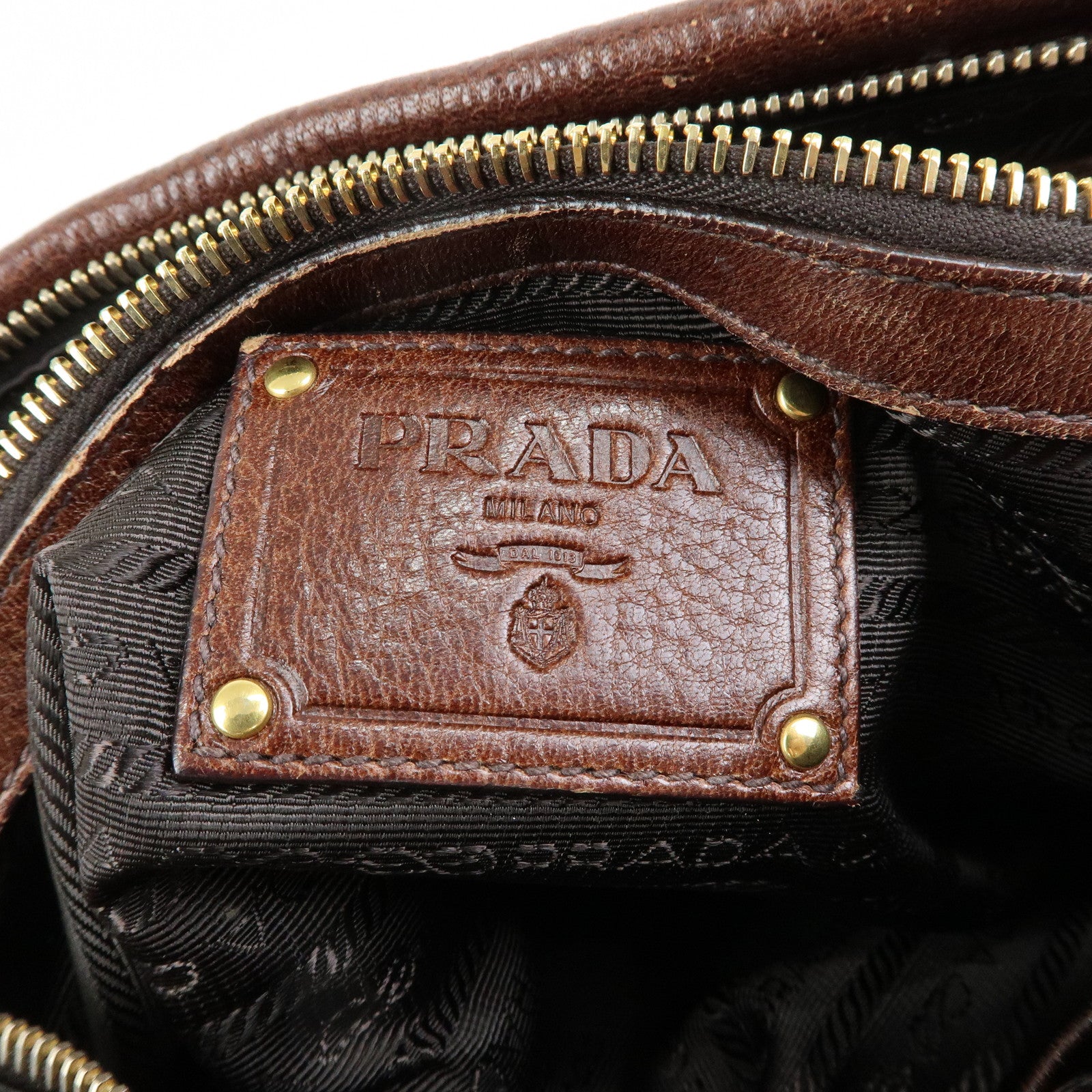 PRADA Logo Jacquard Leather 2Way Bag Hand Bag Shoulder Bag Brown