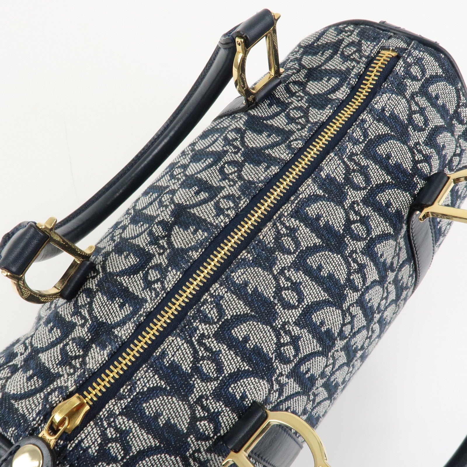 Christian Dior Trotter Leather Canvas Boston Bag Navy White Used