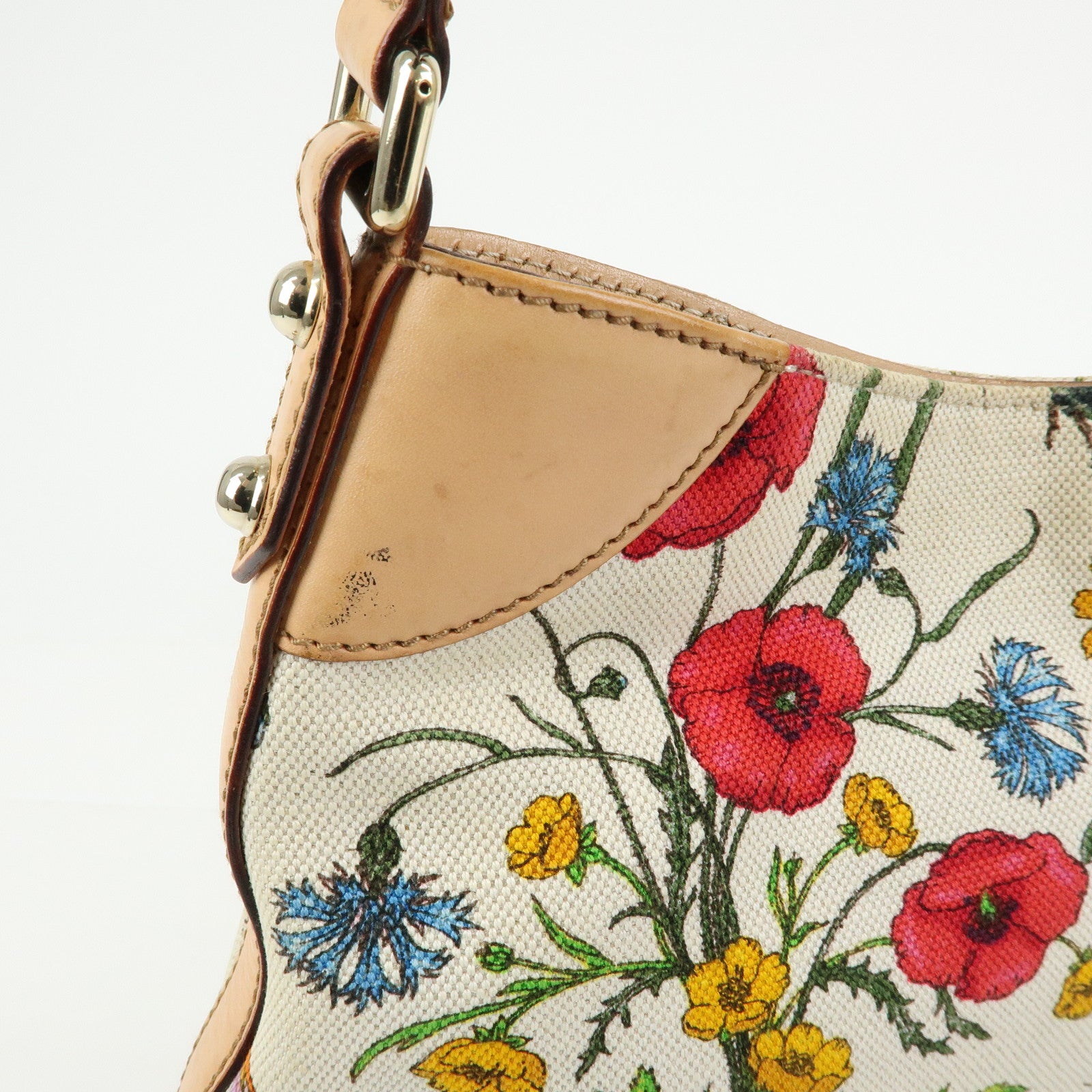 GUCCI Horsebit Flora Leather Canvas Shoulder Bag Beige White 137388