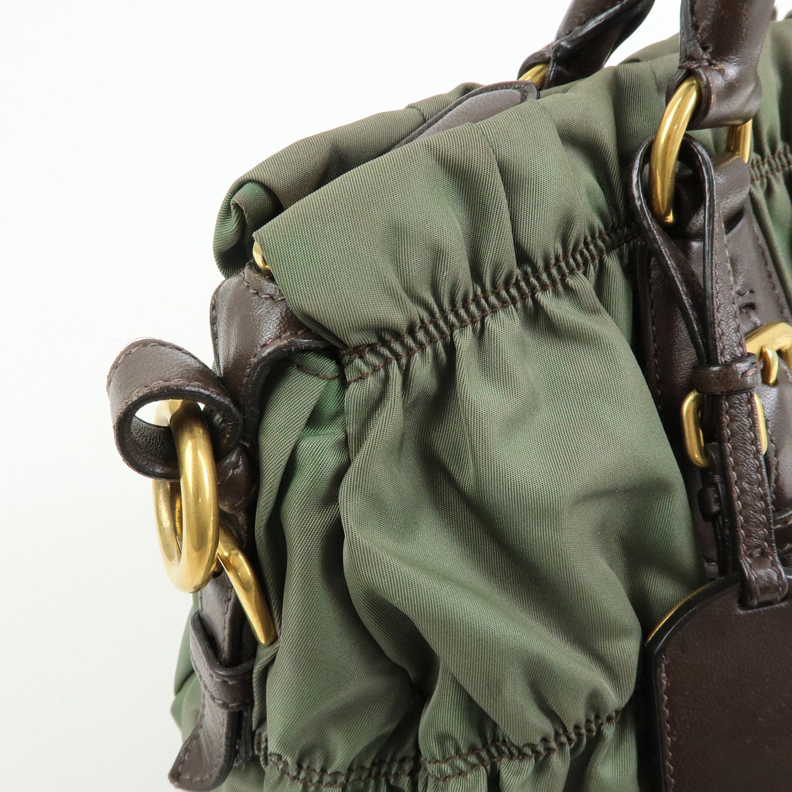 PRADA Nylon Leather Gathered 2Way Bag Hand Bag Khaki BN1407