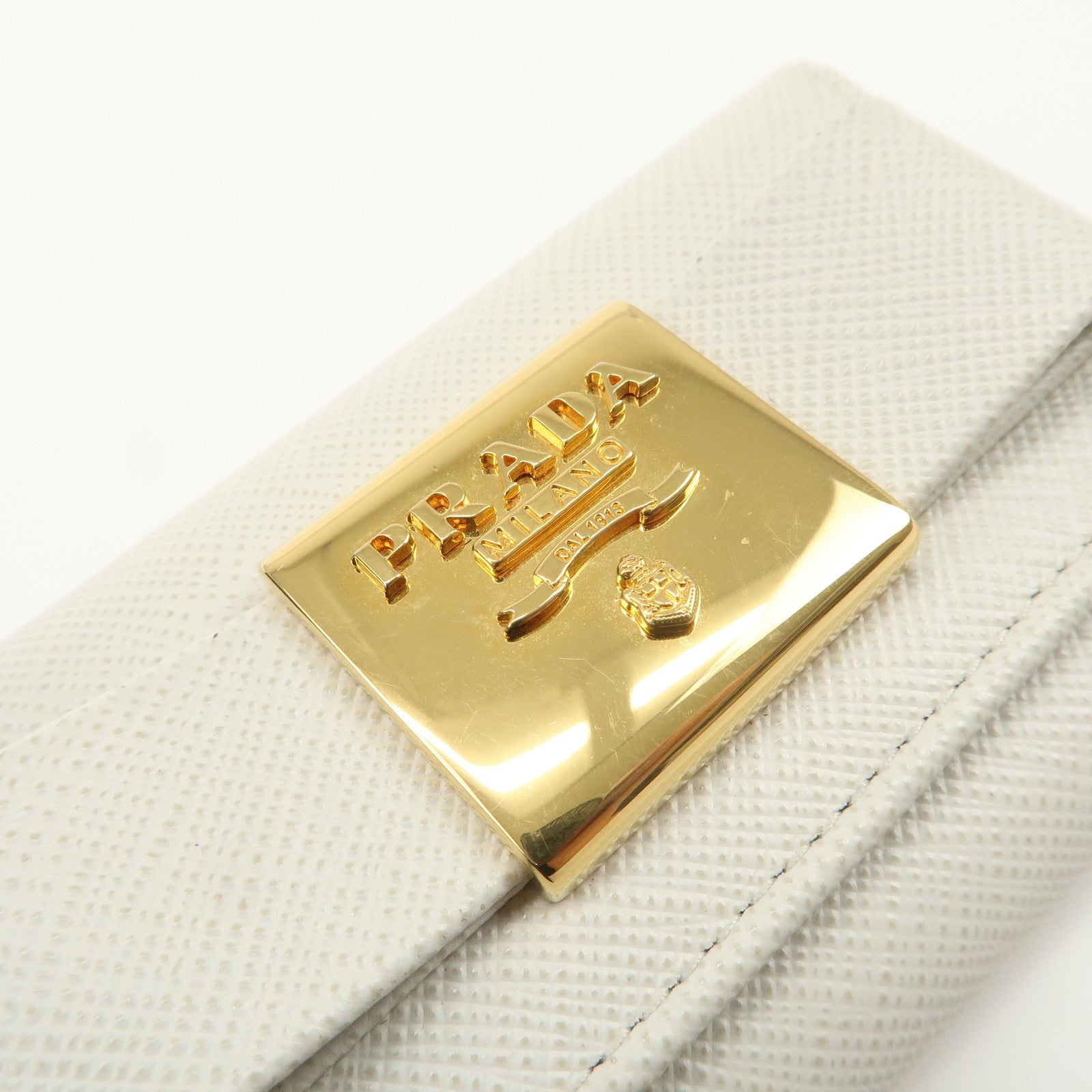 PRADA Ribbon Saffiano Leather Key Case Key Holder White