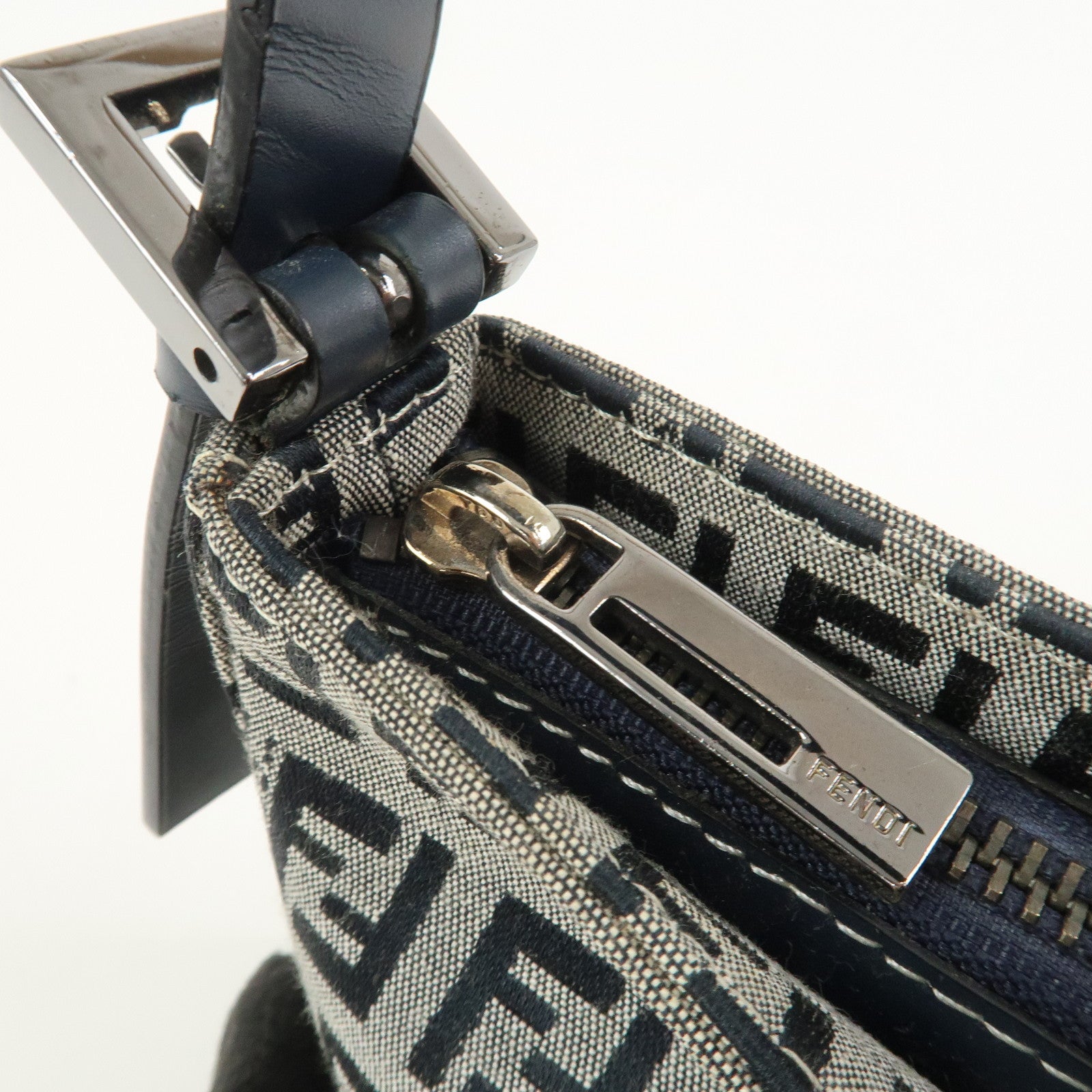 FENDI Zucchino Canvas Leather Shoulder Bag Hand Bag Navy 8BR042