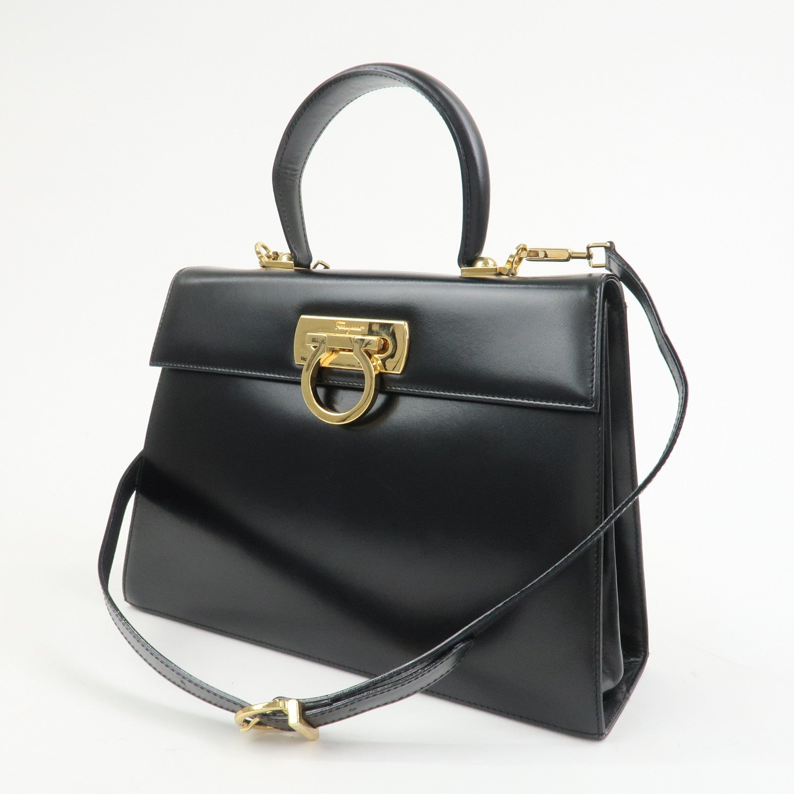 Ferragamo Gancini Logo Leather 2Way Bag Hand Bag Shoulder Bag Black