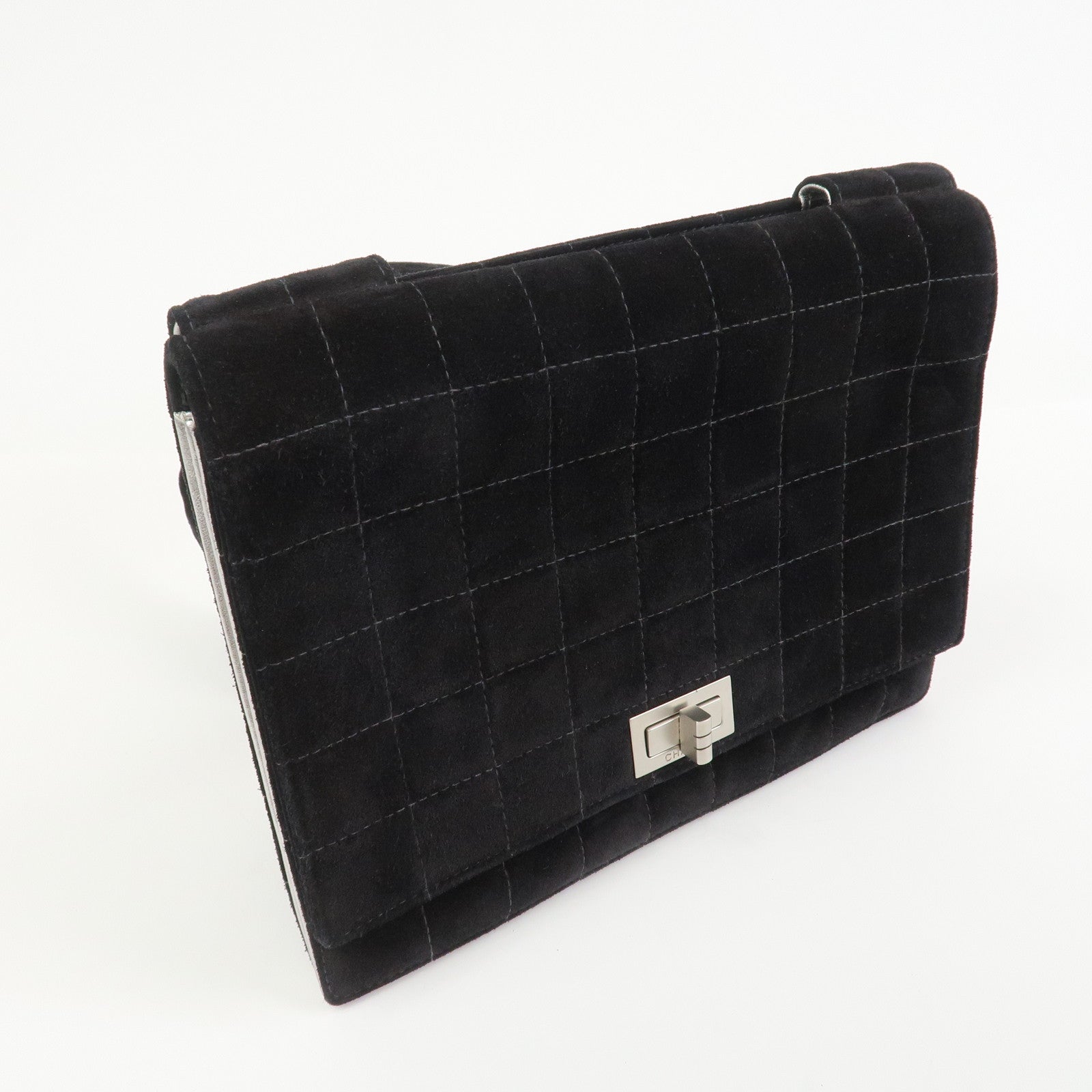 CHANEL Chocolate Bar Suede Shoulder Bag Crossbody Bag Black