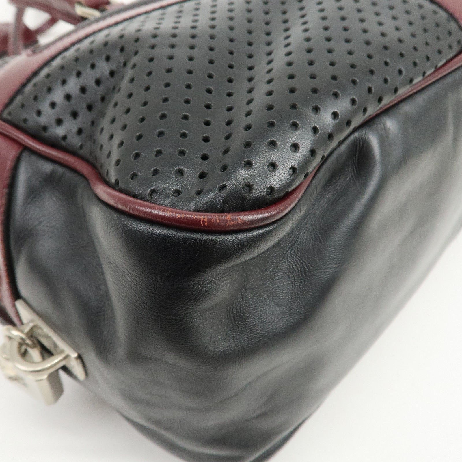 PRADA Leather Boston Bag Bowling Bag Hand Bag Black Bordeaux B10524