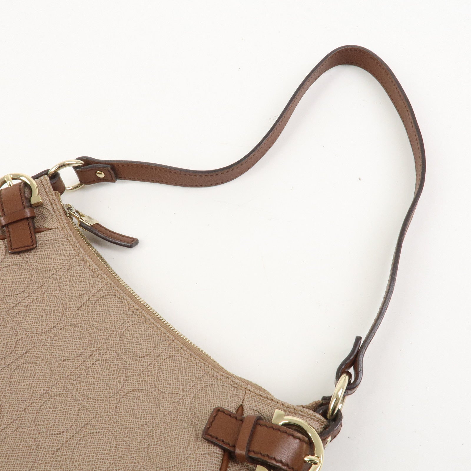 Ferragamo Gancini PVC Canvas Leather Shoulder Bag Hand Bag Brown