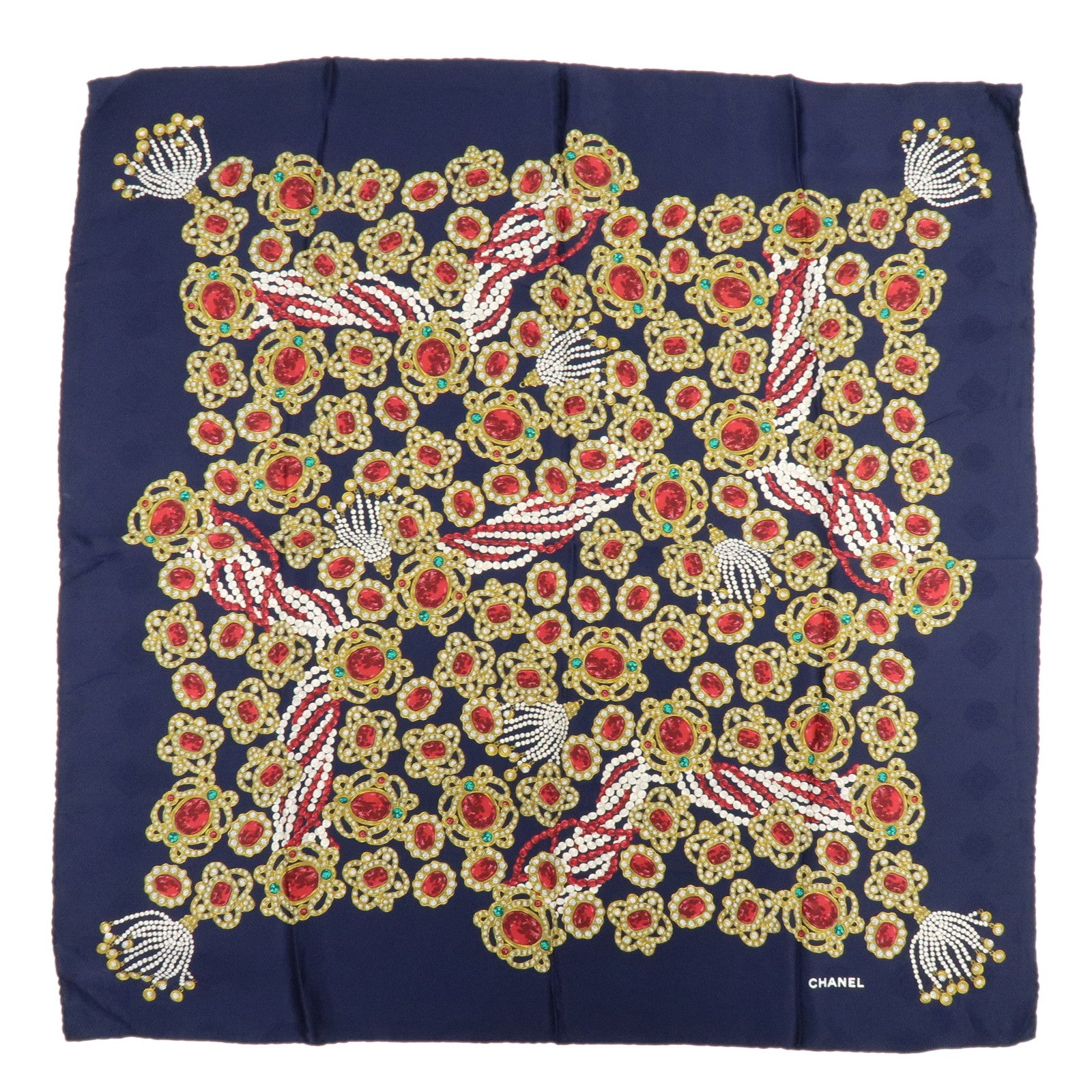 CHANEL Silk 100% Scarf Jewelry Motif Dark Navy Multicolor