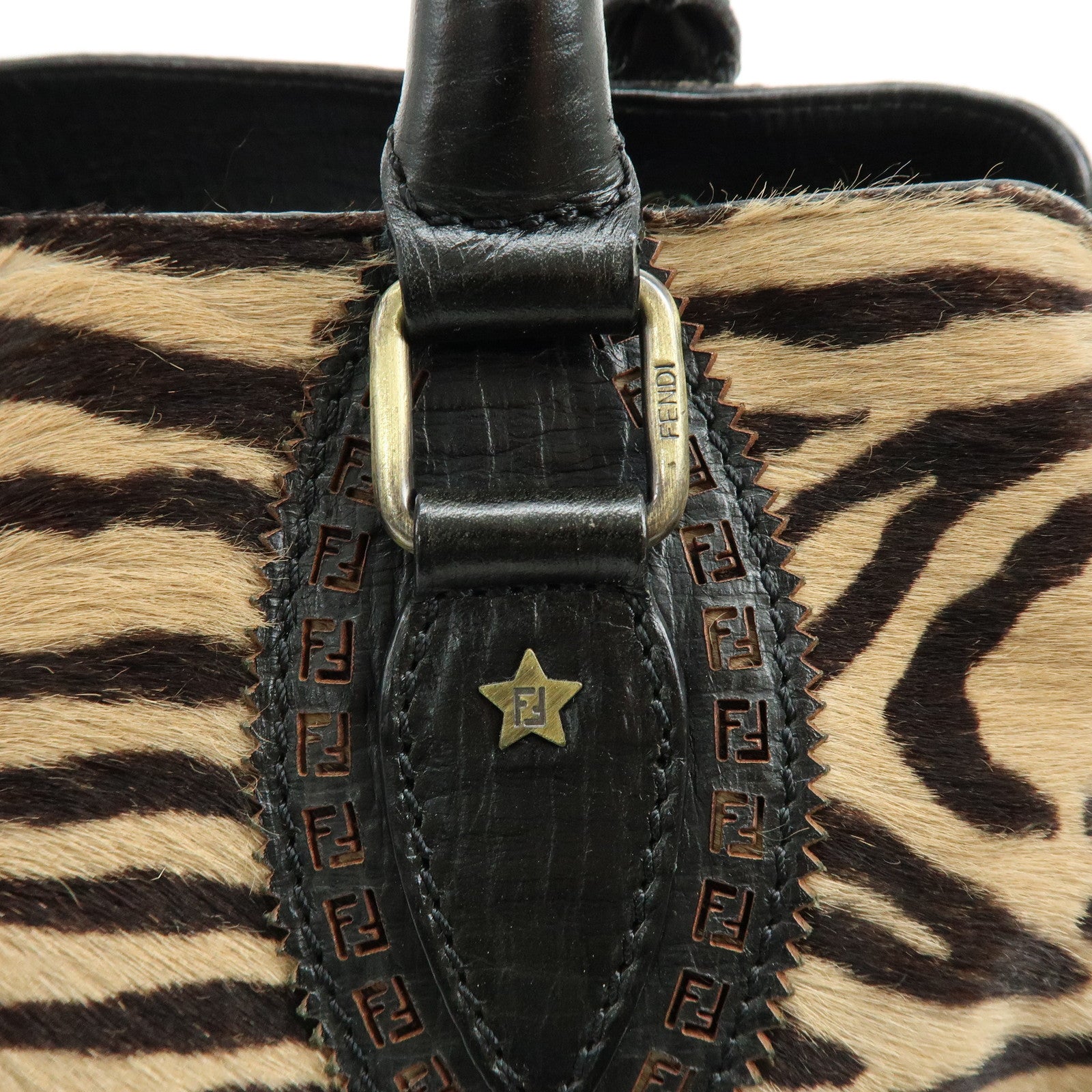 FENDI Etnico Calf Hair Leather Tote Bag Shoulder Bag Brown 8BN162