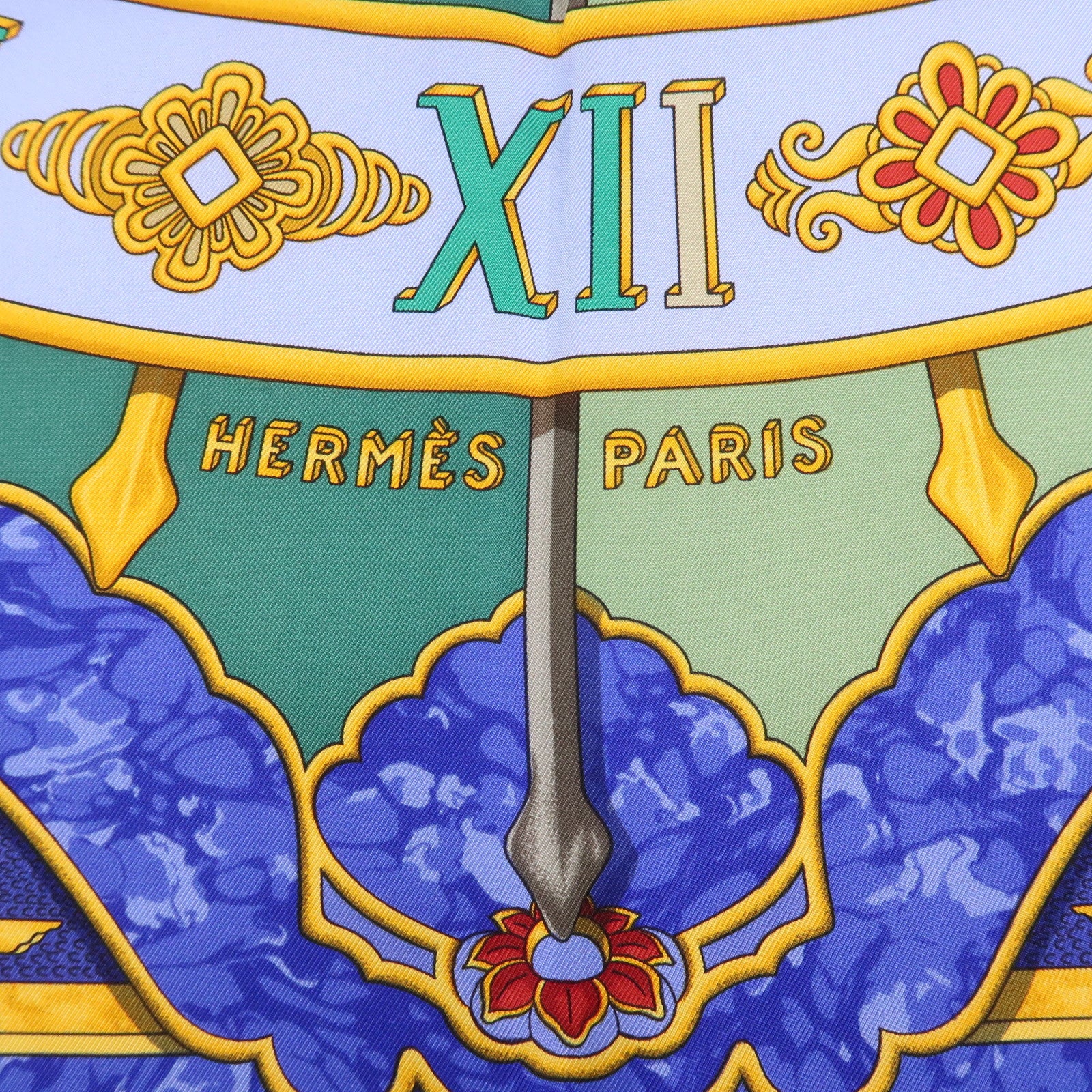 HERMES Carre 90 Silk 100% Scarf CARPE DIEM Blue Yellow Multicolor