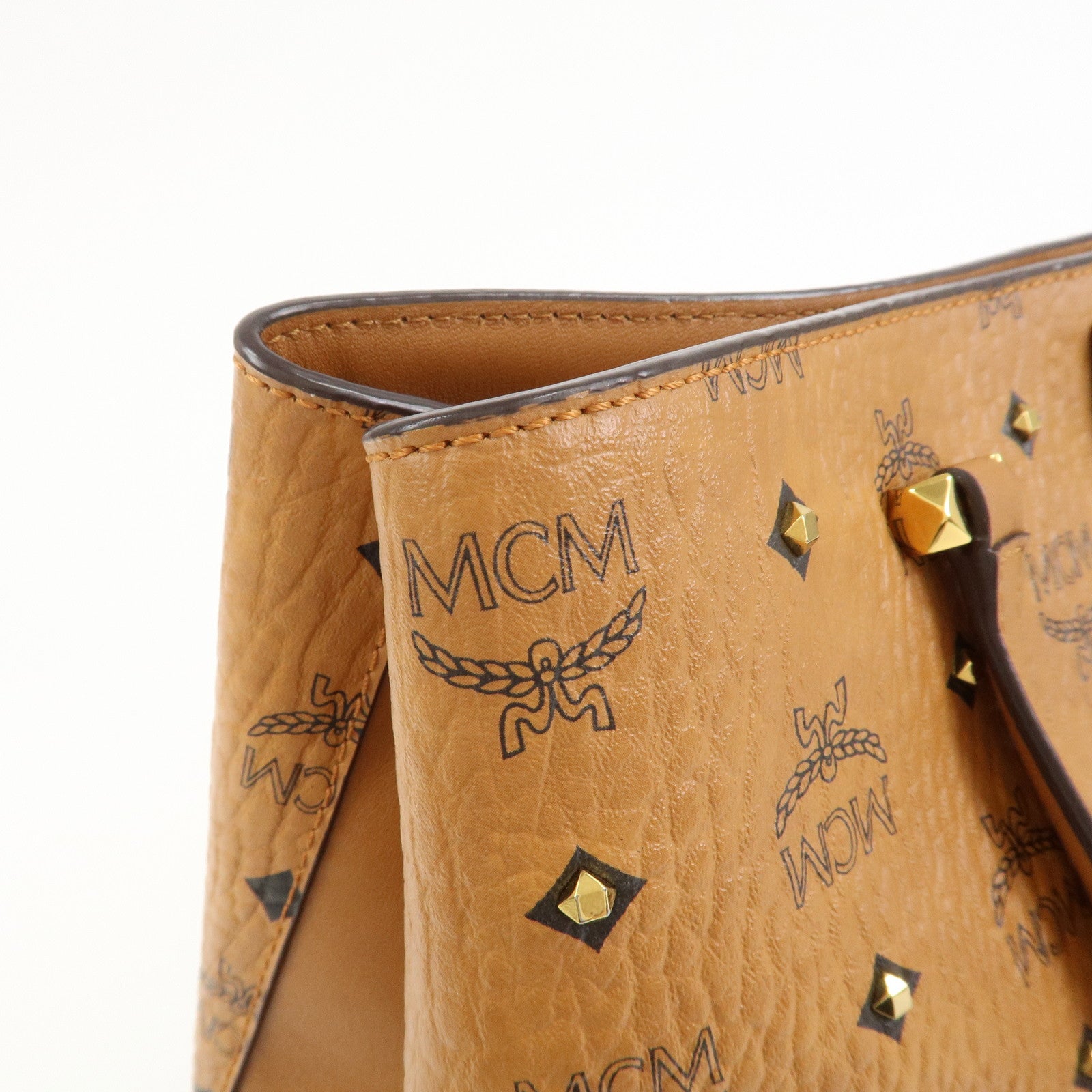 MCM Visetos PVC Leather 2Way Bag Hand Shoulder Bag Studs Cognac