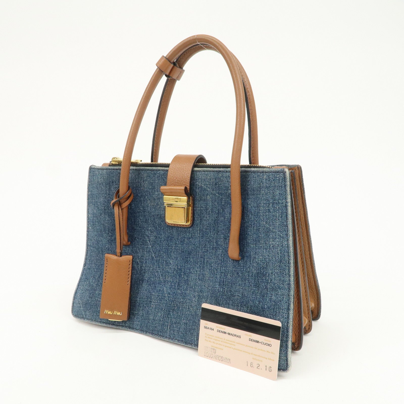 MIU MIU Madras Convertible Denim Leather 2Way Bag Hand Bag 5BA104