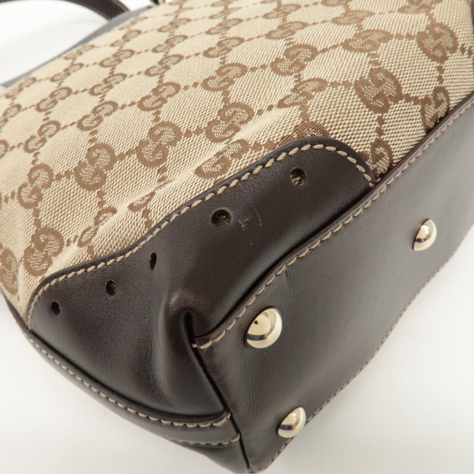 GUCCI GG Canvas Leather Tote Bag Hand Bag Beige Dark Brown 145994 Used