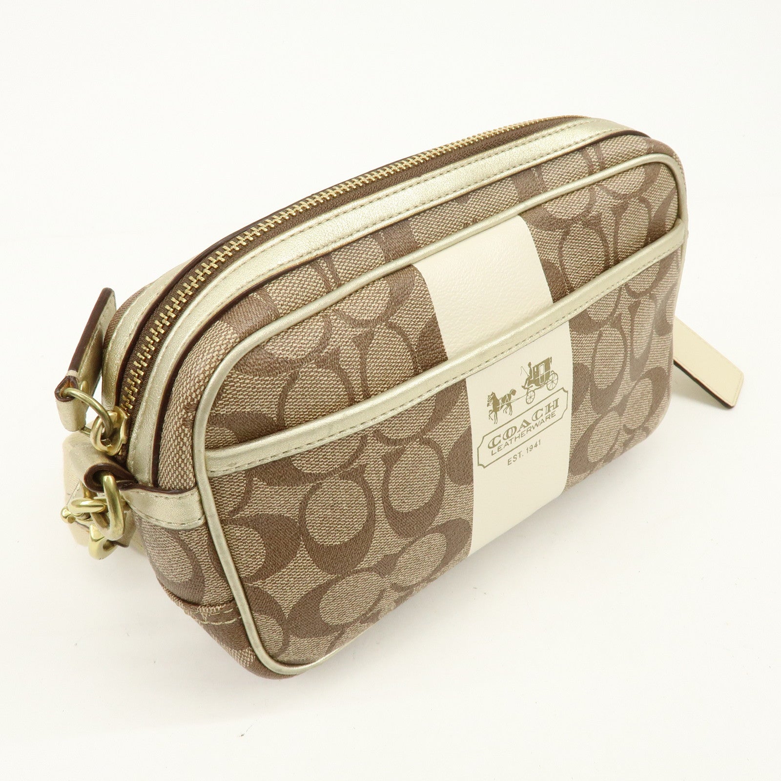 COACH Signature PVC Coated Canvas Leather Shoulder Bag Beige Gold
