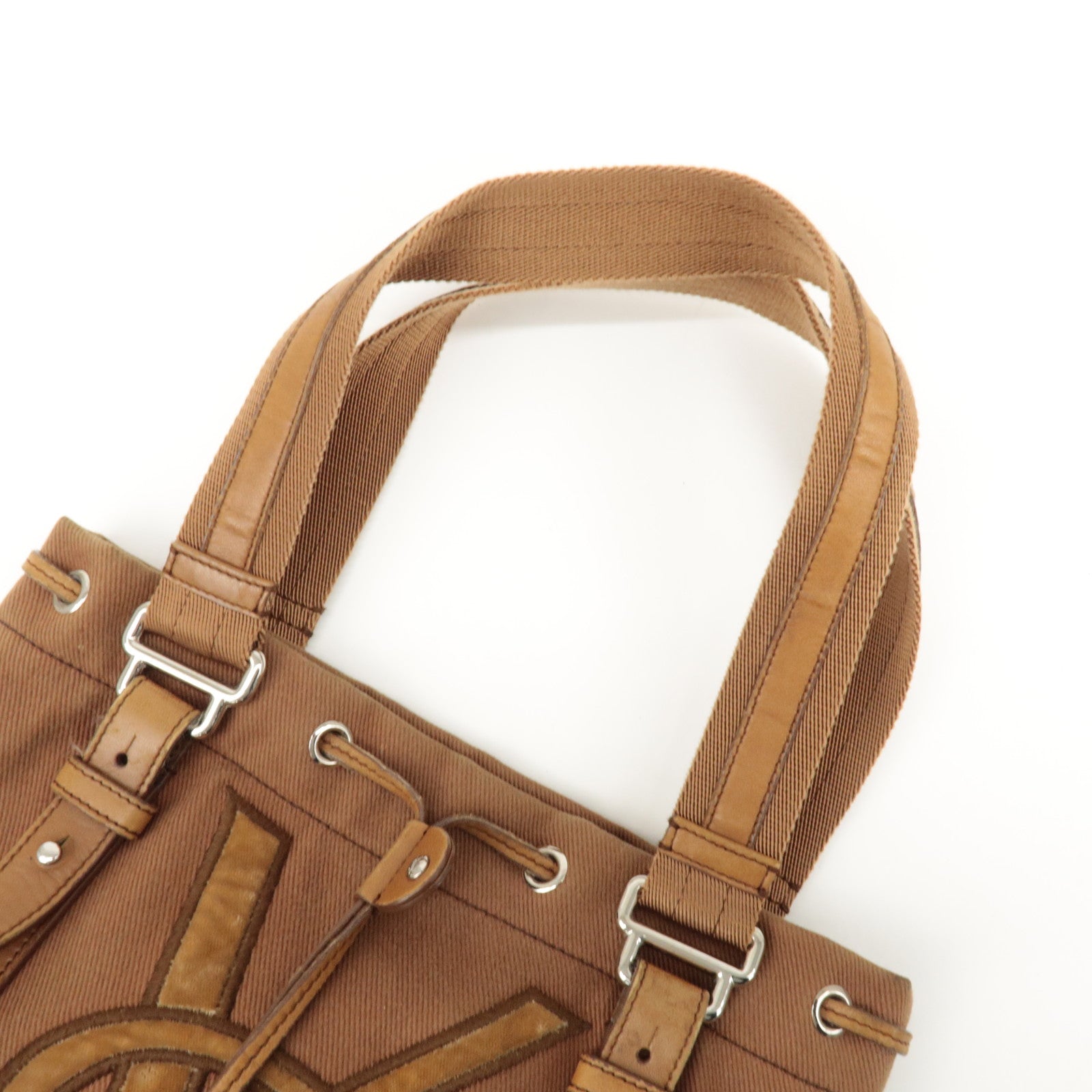 SAINT LAURENT Kahara Leather Canvas Velour Tote Bag Brown Used