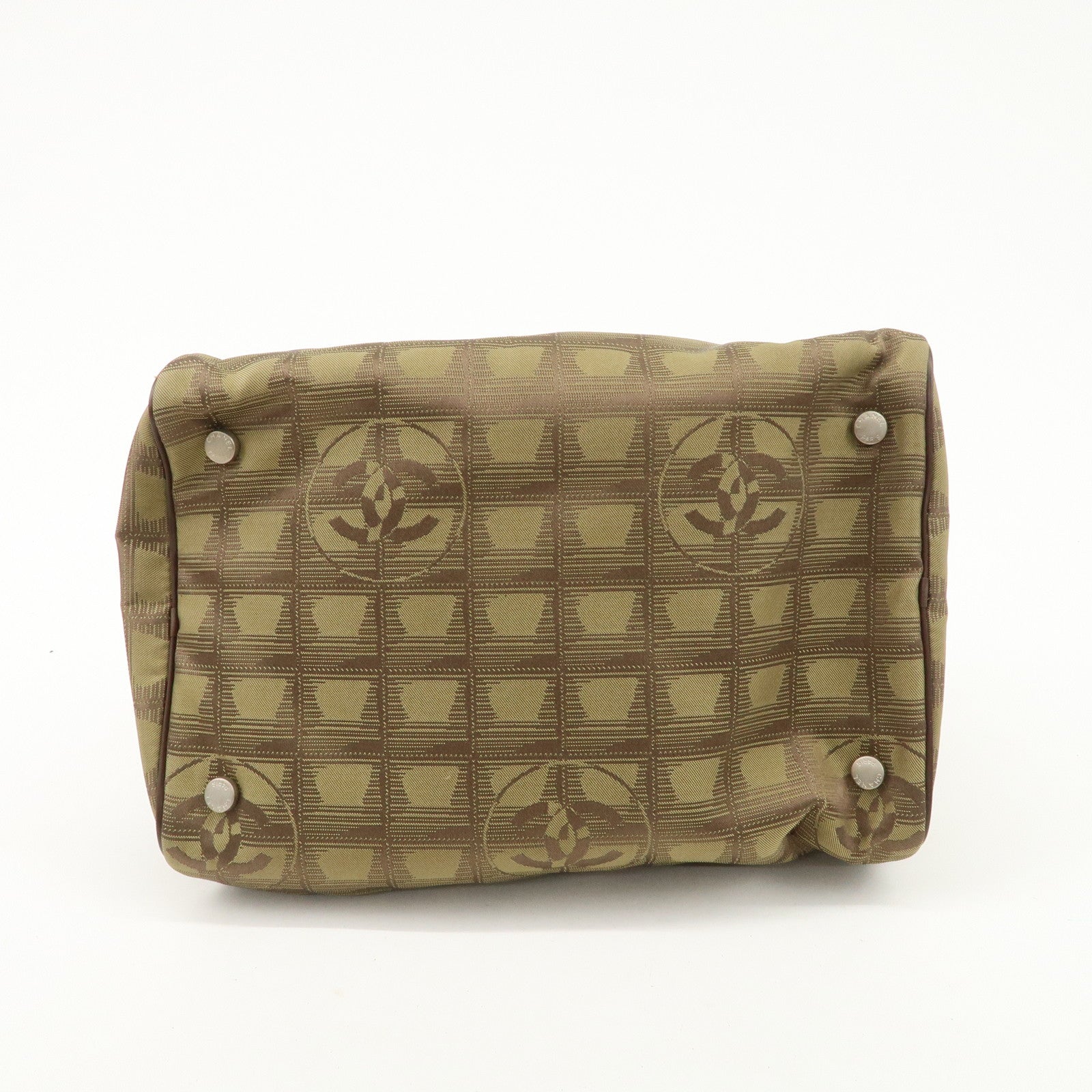 CCHANEL New Travel Line Nylon Jacquard Leather Vanity Bag Khaki A15829 Used