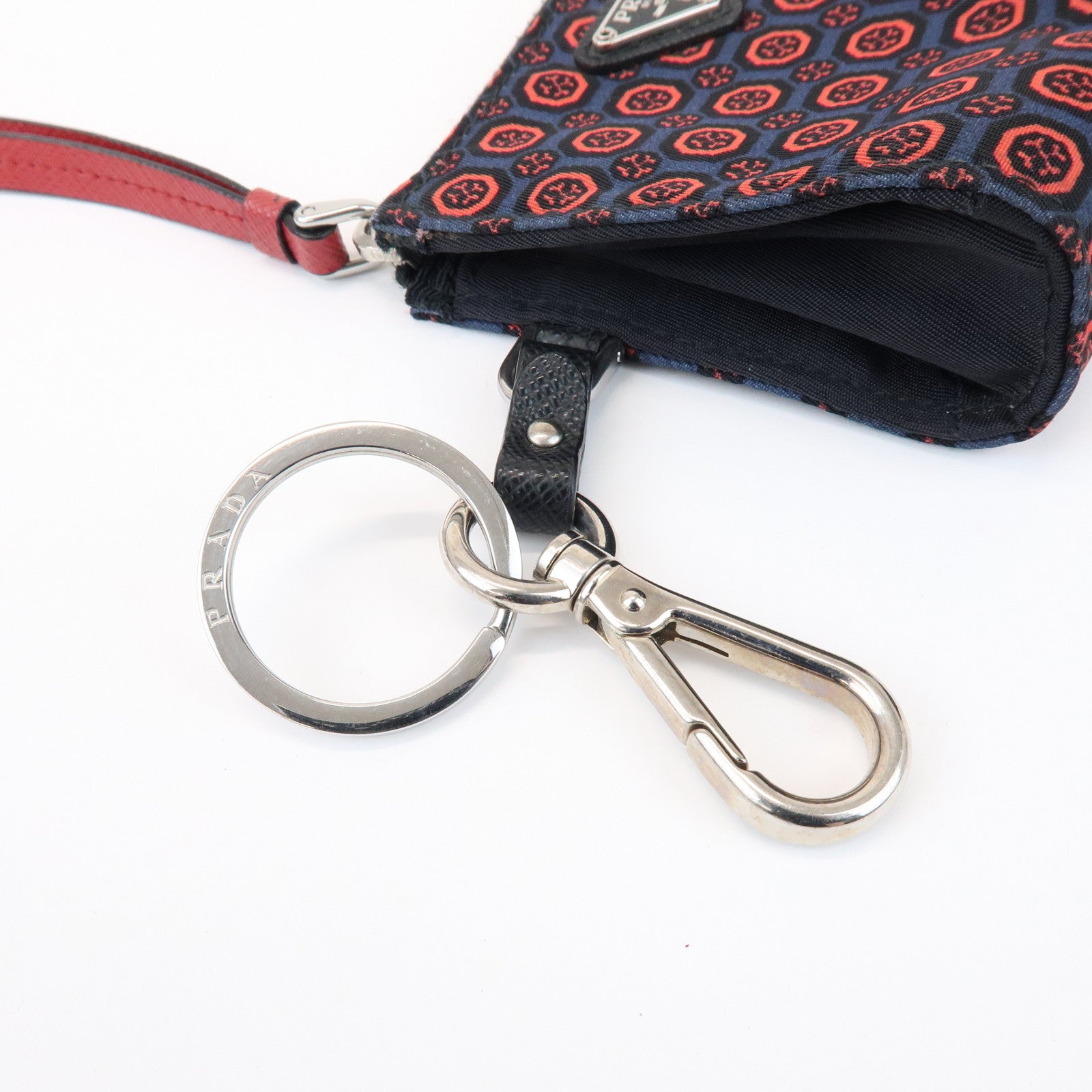 PRADA Triangle Logo Mini Pouch Key Ring Coin Case Navy Red 2TT072