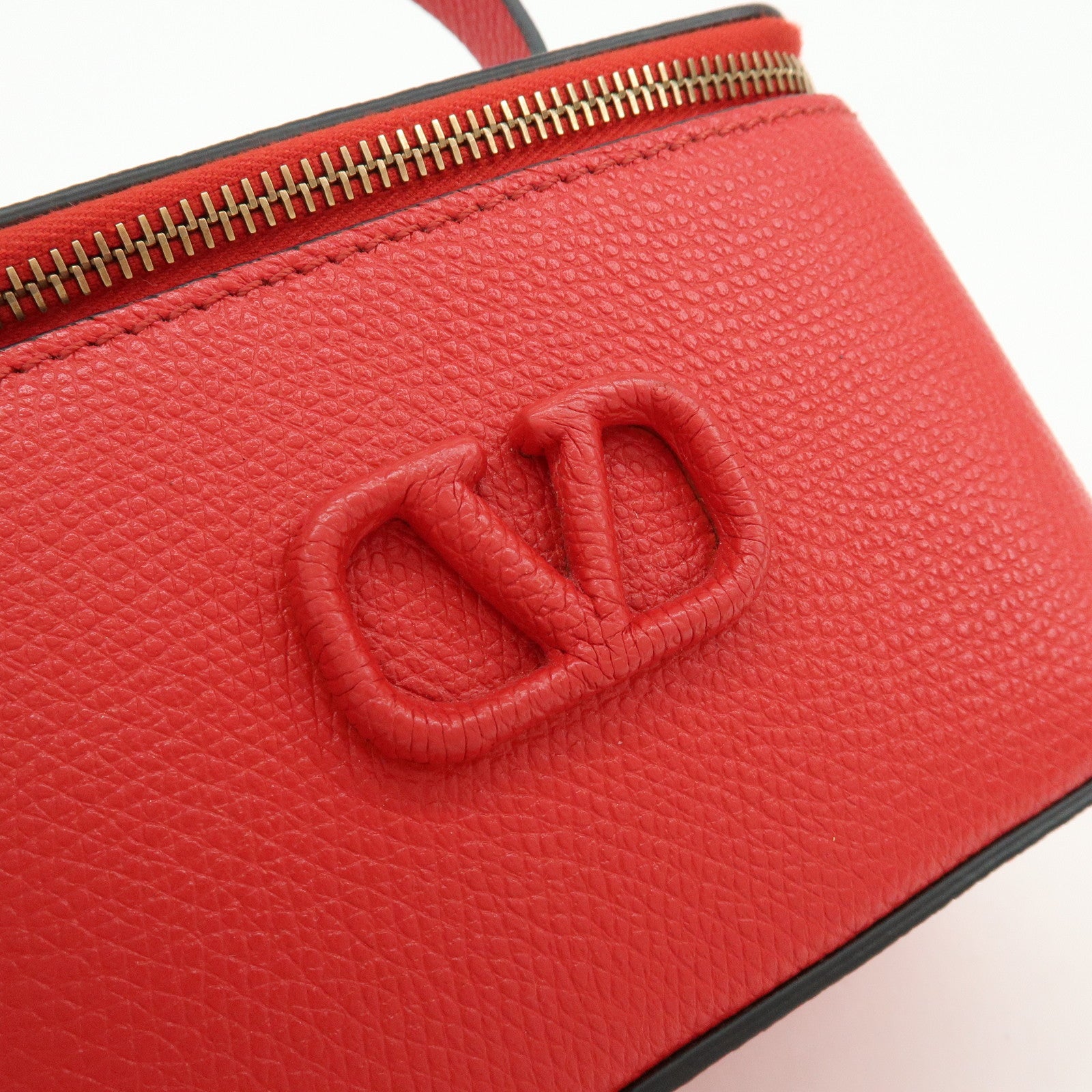 VALENTINO V Logo Leather 2Way Mini Hand Bag Chain Vanity Bag Red