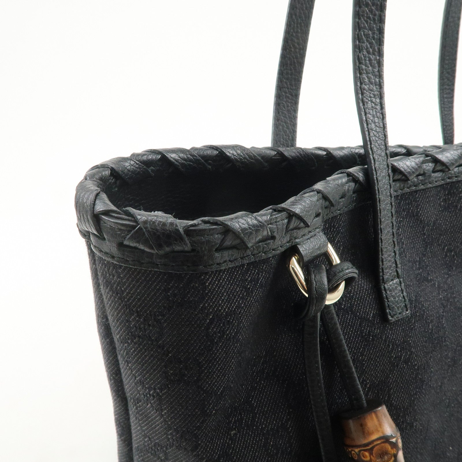 GUCCI Bamboo GG Canvas Leather Tote Bag Tassel Black 354665