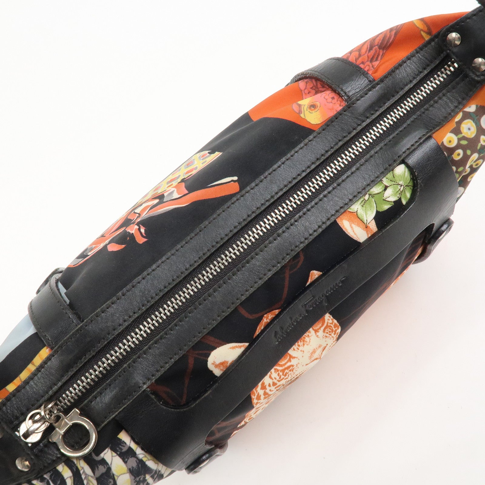 Ferragamo Nylon Leather Mini Hand Bag Shoulder Bag Animal Black