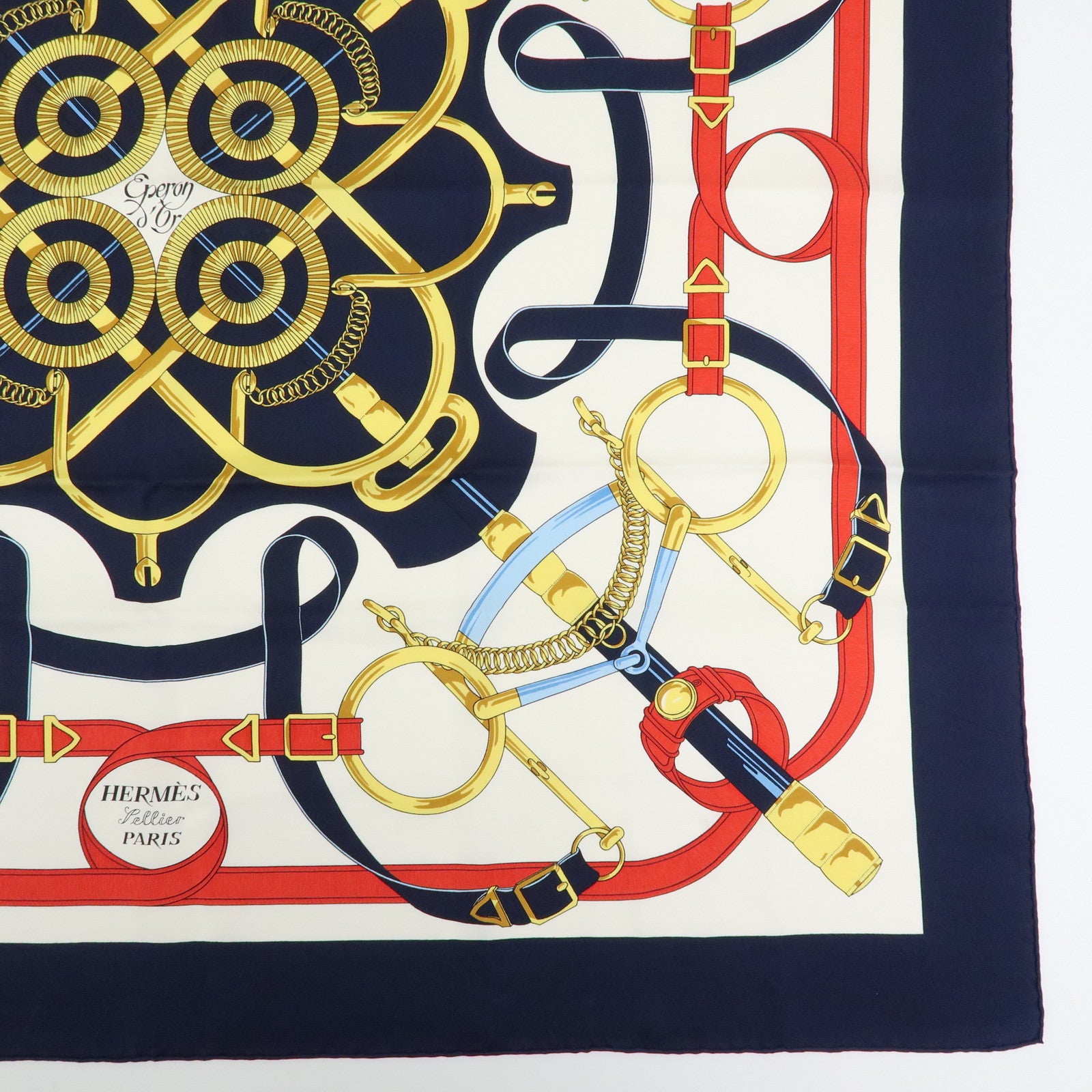 HERMES Carre 90 Silk 100% Scarf Eperon d'or Navy Ivory Red Gold