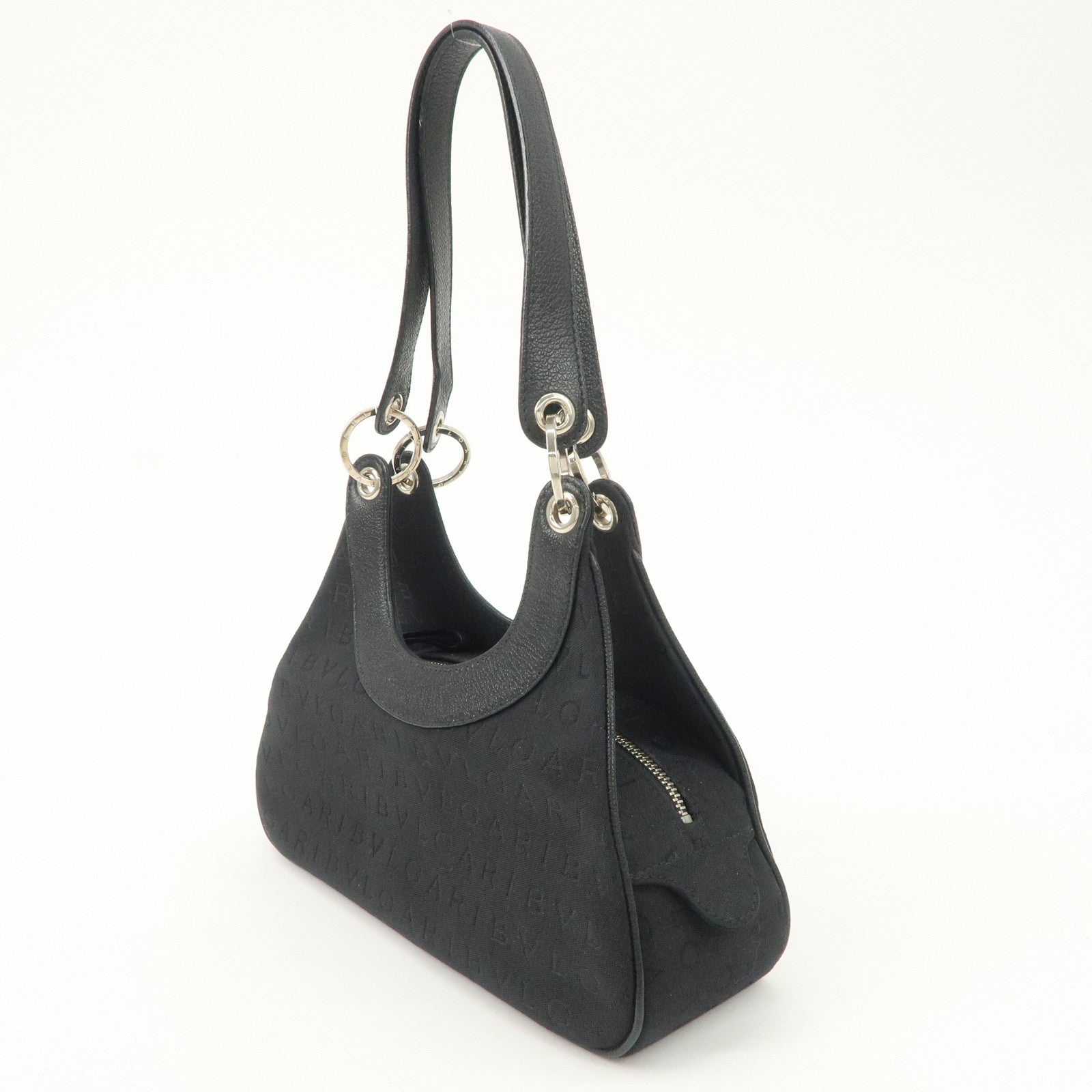 BVLGARI Logo Maniac Canvas Leather Shoulder Bag Black Used