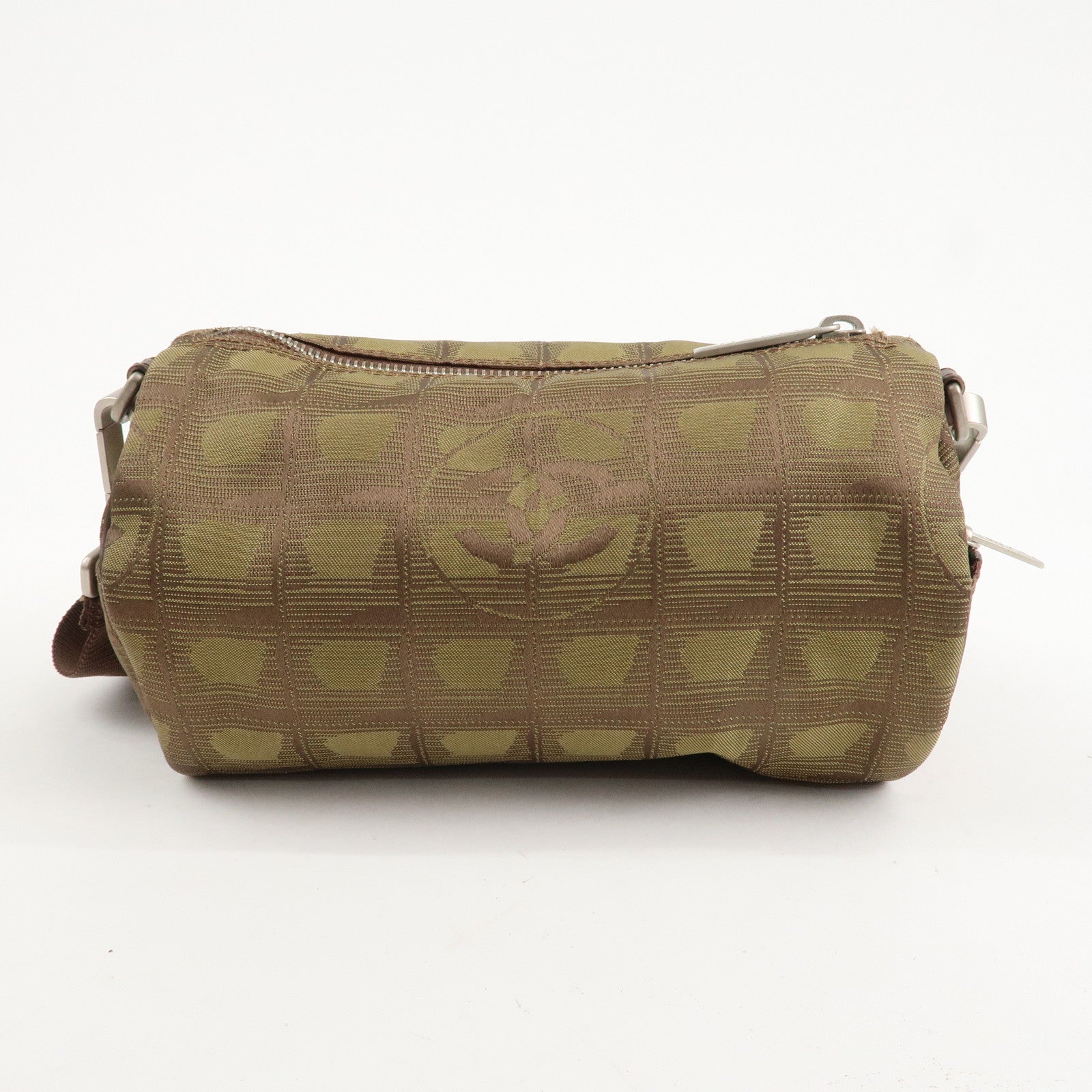 CHANEL New Travel Line Nylon Jacquard Shoulder Bag Khaki Used