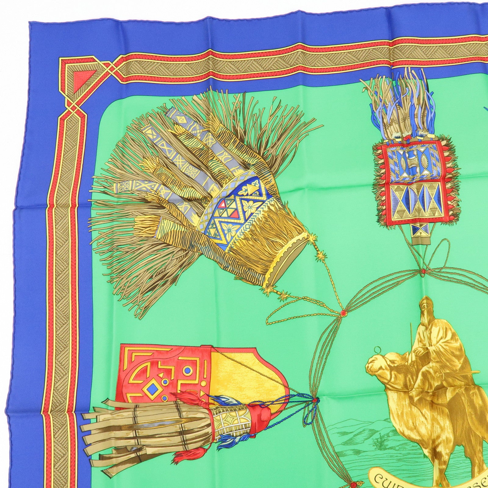HERMES Carre 90 Silk 100% Scarf CUIRS DU DESERT Green Blue
