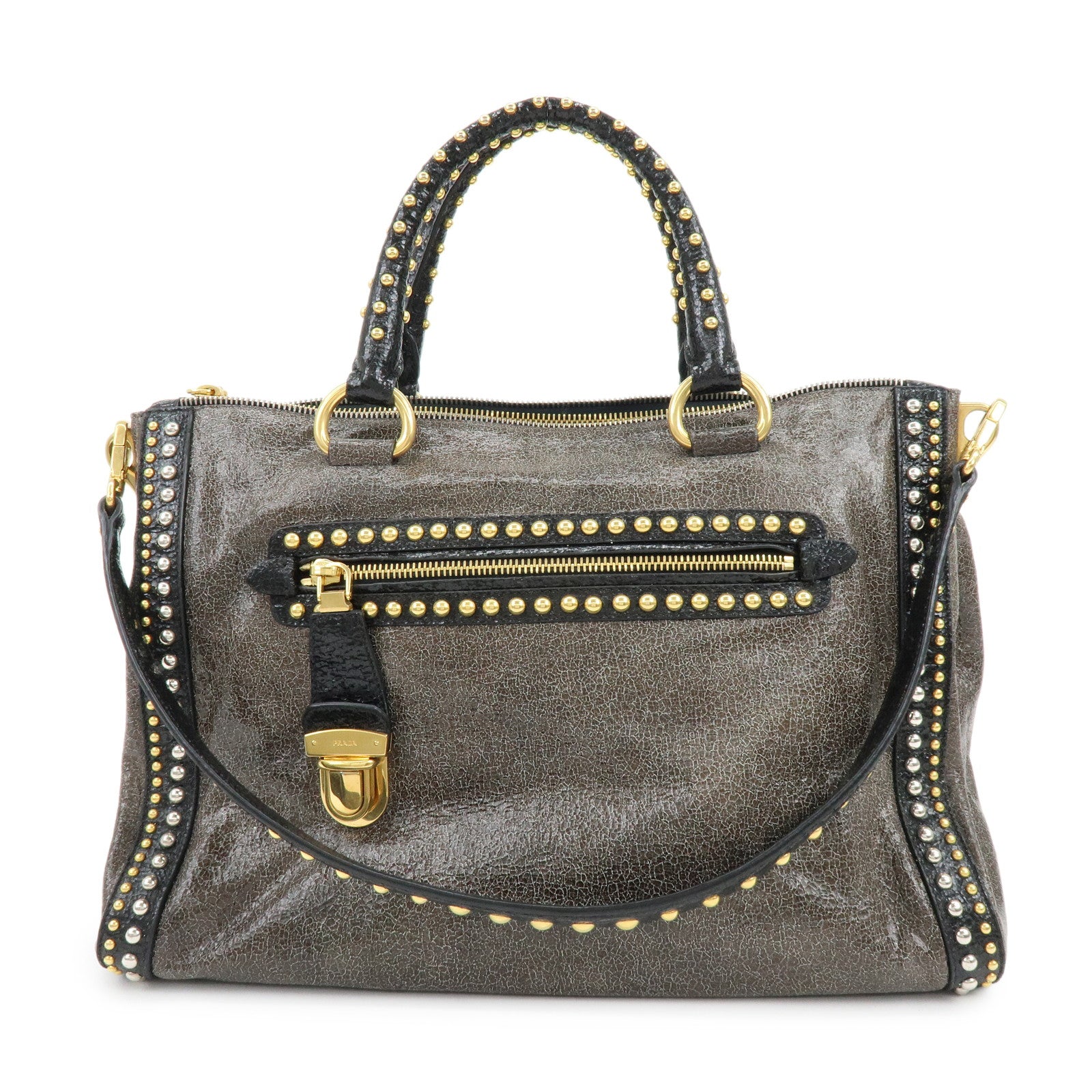 PRADA Triangle Logo Leather 2Way Bag Hand Bag Shoulder Bag Brown