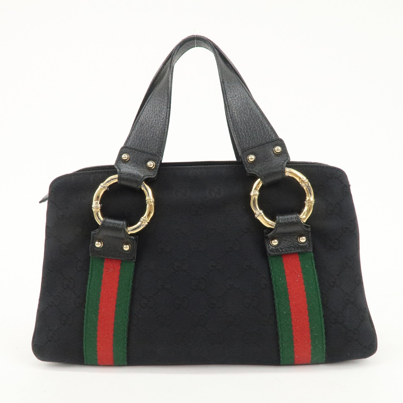 GUCCI Sherry Canvas Leather Tote Bag Hand Bag Black 131324 Used