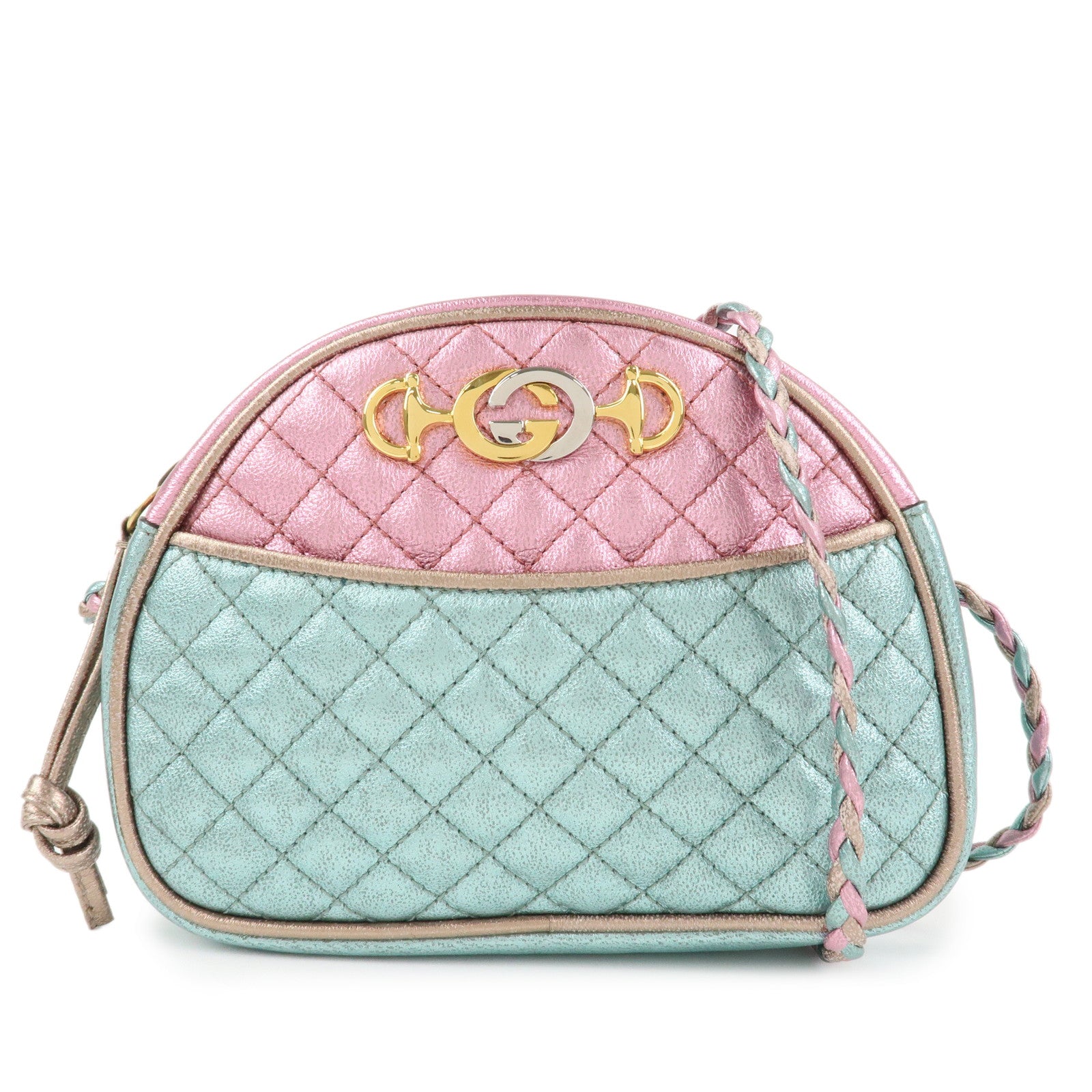 GUCCI Horsebit Leather Shoulder Bag Metallic Pink Blue 534951 Used