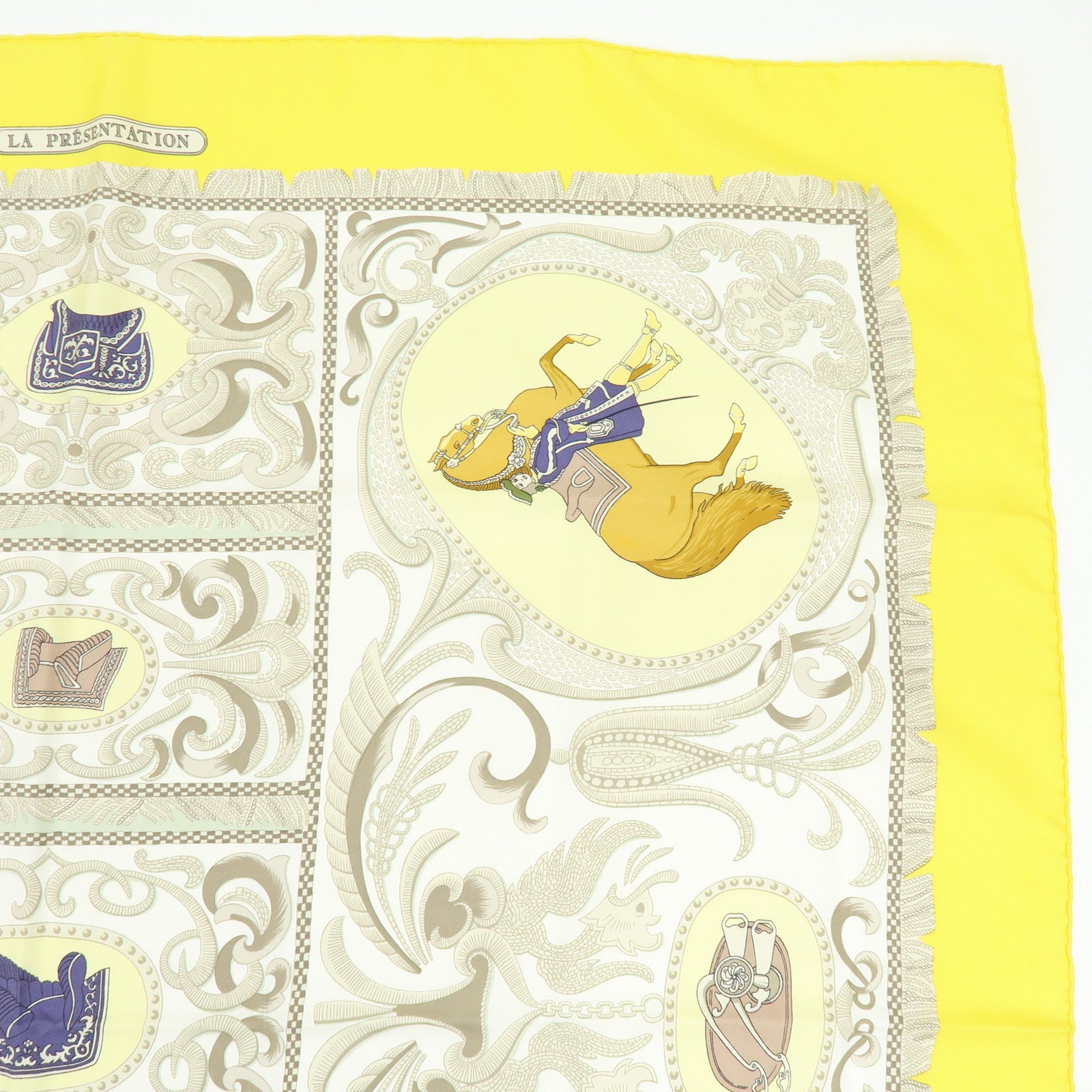 HERMES Carre 90 Silk 100% Scarf LA PRESENTATION Yellow Beige
