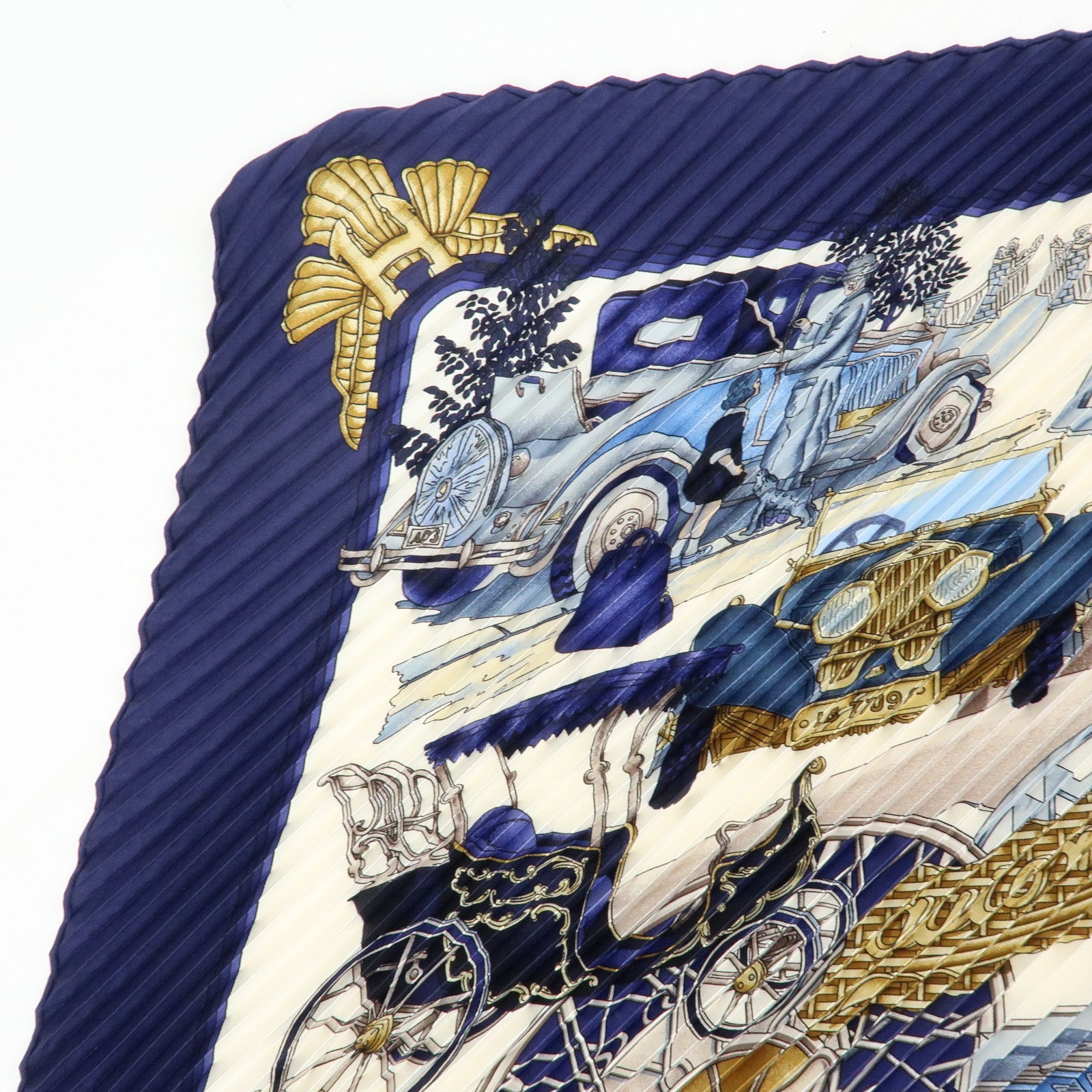 HERMES Pleated Carre 90 Silk 100% Scarf Automobile Print Navy White