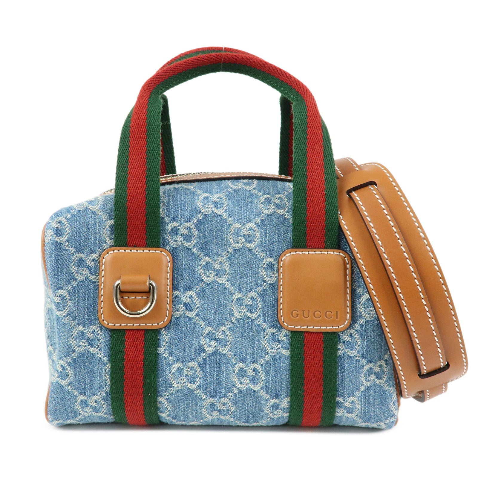 GUCCI Sherry GG Denim Leather 2Way Boston Bag Blue Brown 859975