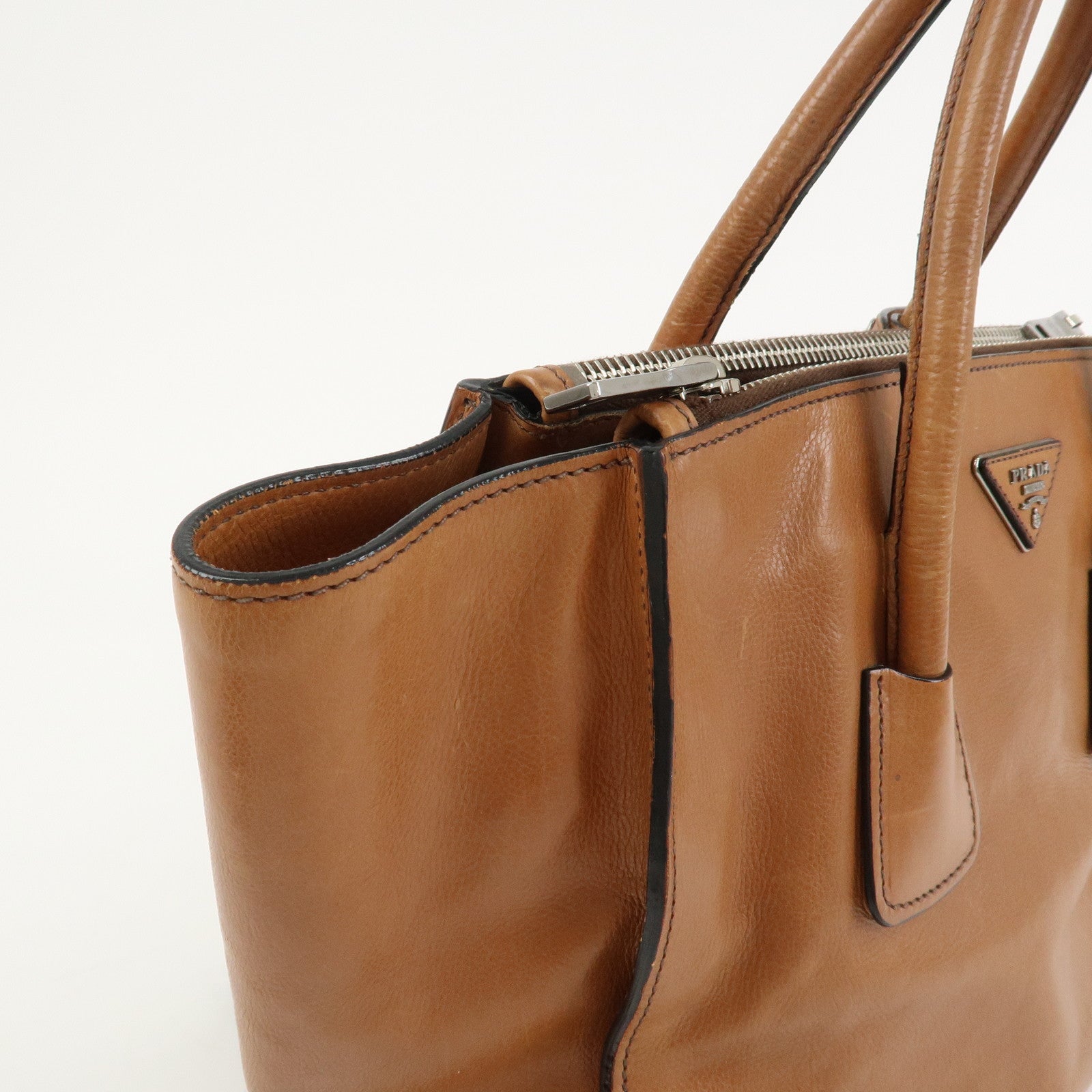 PRADA Triangle Logo Leather 2Way Hand Bag Shoulder Bag Brown BN2619