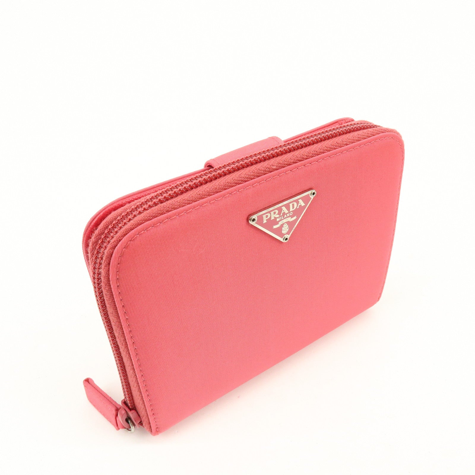 PRADA Triangle Logo Nylon Leather Round Zippy Compact Wallet Pink