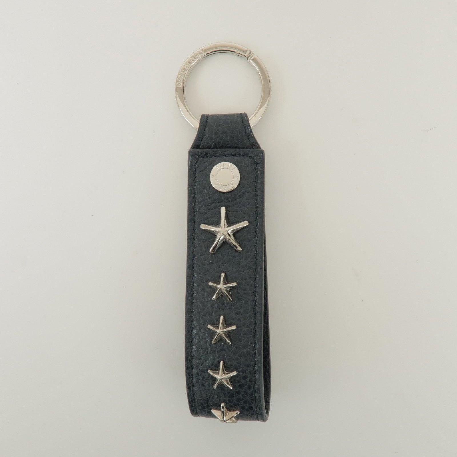 JIMMY CHOO Leather Bag Charm Key Chain Star Motif Navy