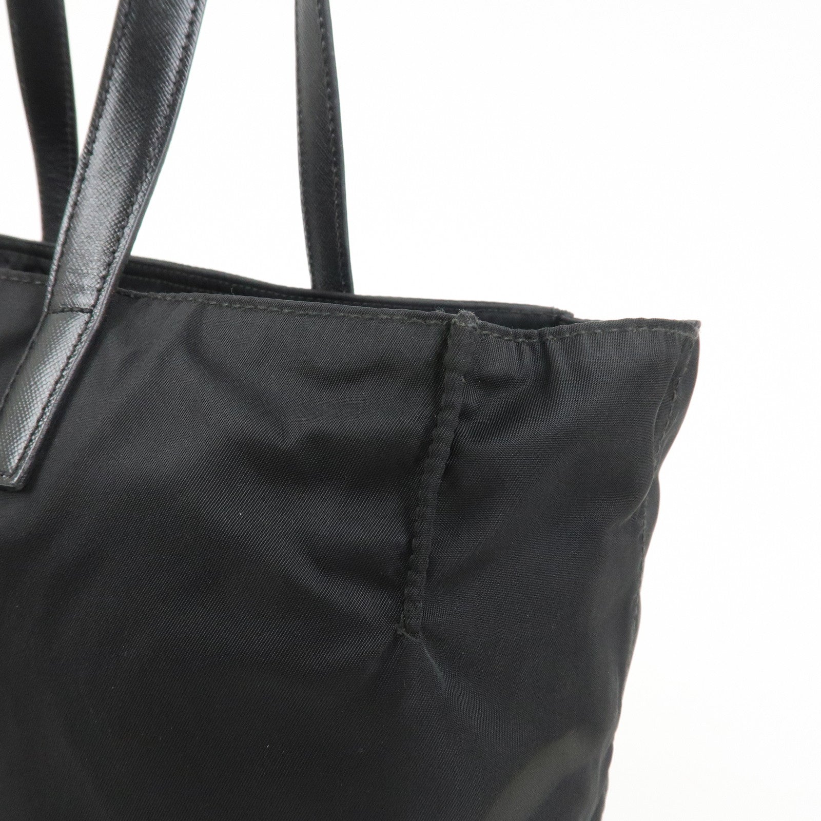 PRADA Triangle Logo Nylon Saffiano Leather Tote Shoulder Bag Black