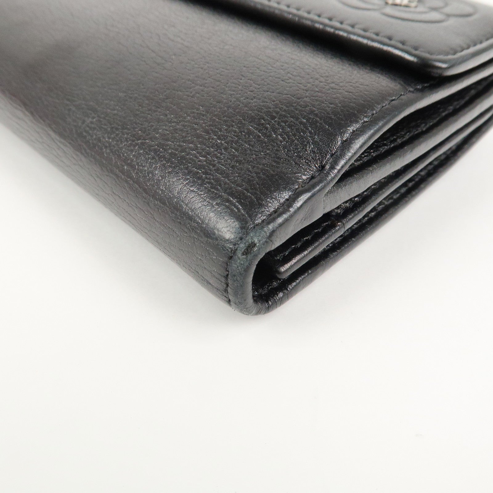 CHANEL Camellia COCO Mark Leather Bi-fold Long Wallet Black