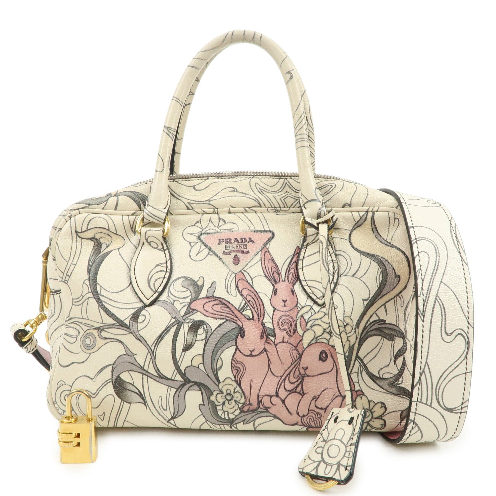 PRADA Triangle Logo Leather 2Way Hand Shoulder Bag Rabbit 1BB113