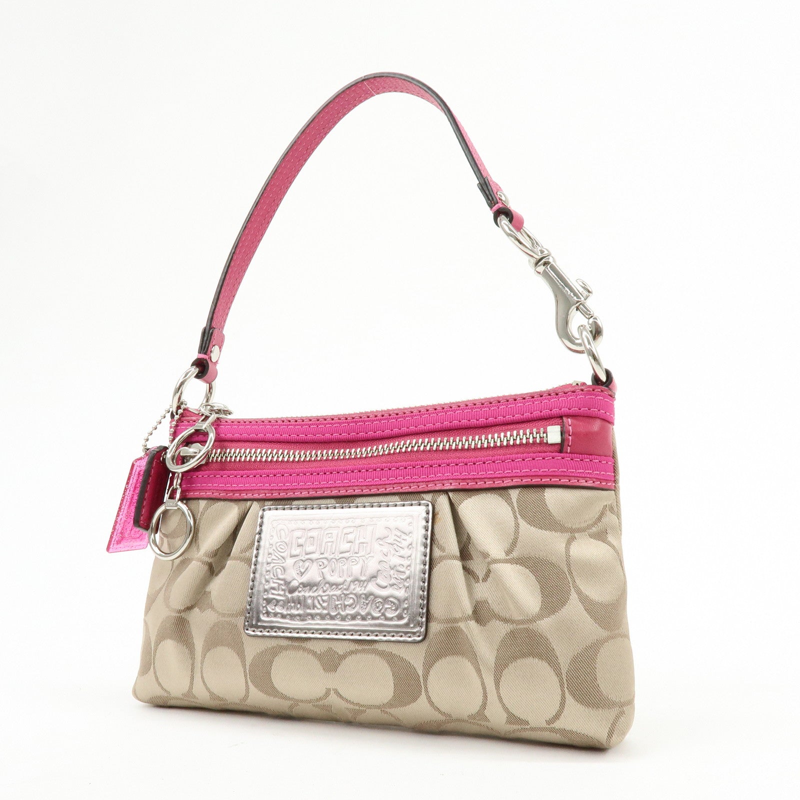 COACH Poppy Signature Nylon Leather Hand Bag Beige Pink