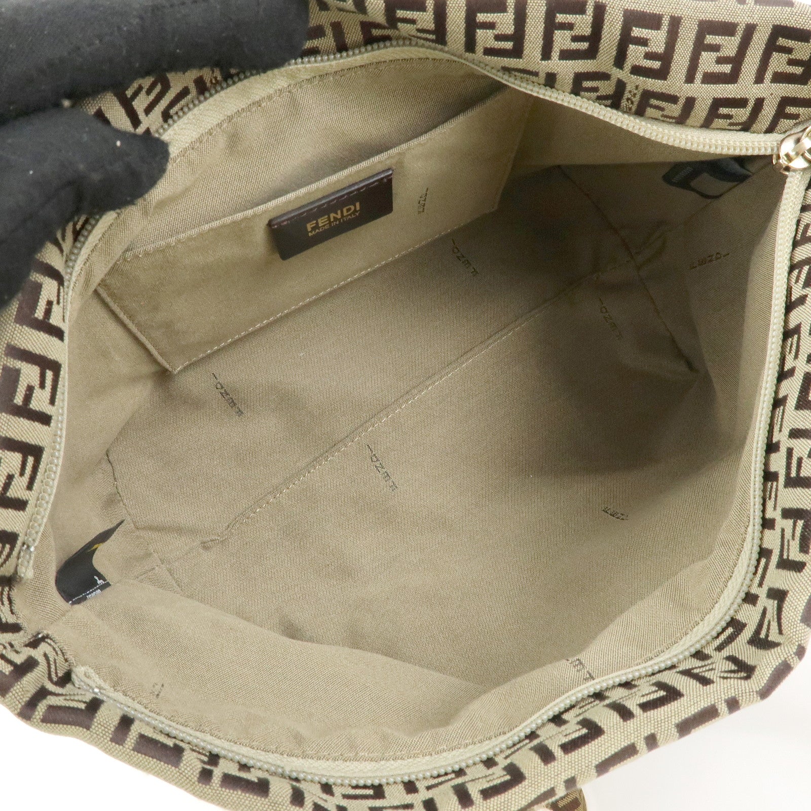 FENDI Zucchino Canvas Leather Tote Bag Hand Bag Brown Ivory 8BH214