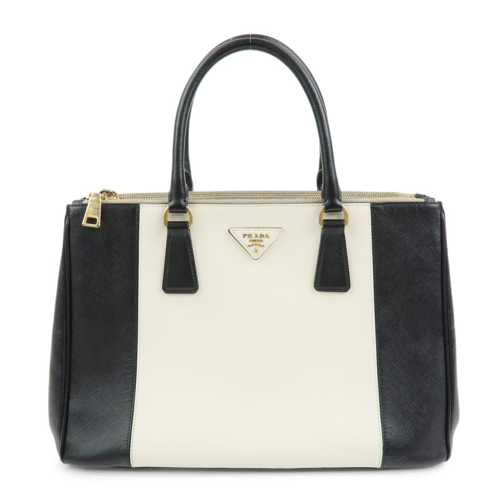 PRADA Triangle Logo Saffiano Leather Hand Bag Tote Bag Ivory Black
