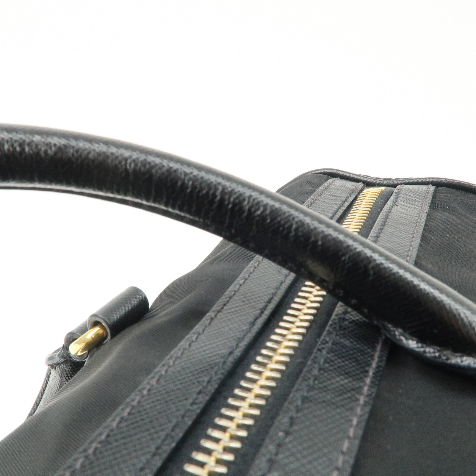 PPRADA Logo Nylon Leather Boston Bag Hand Bag Black Gold HDW Used